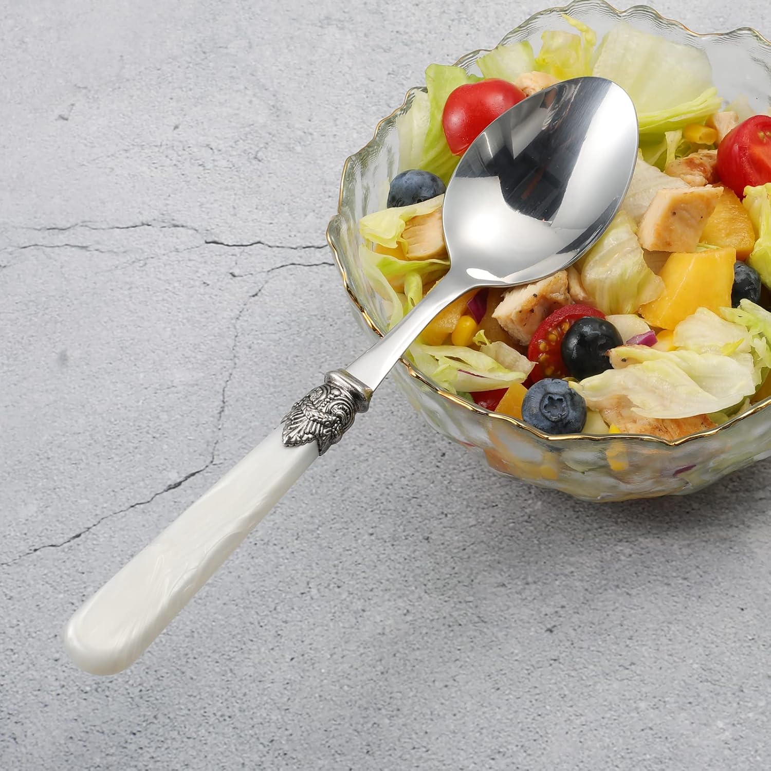 2-piece Salad Servers Stainless Steel Salad Serving Set Salad Fork and Spoon (White)