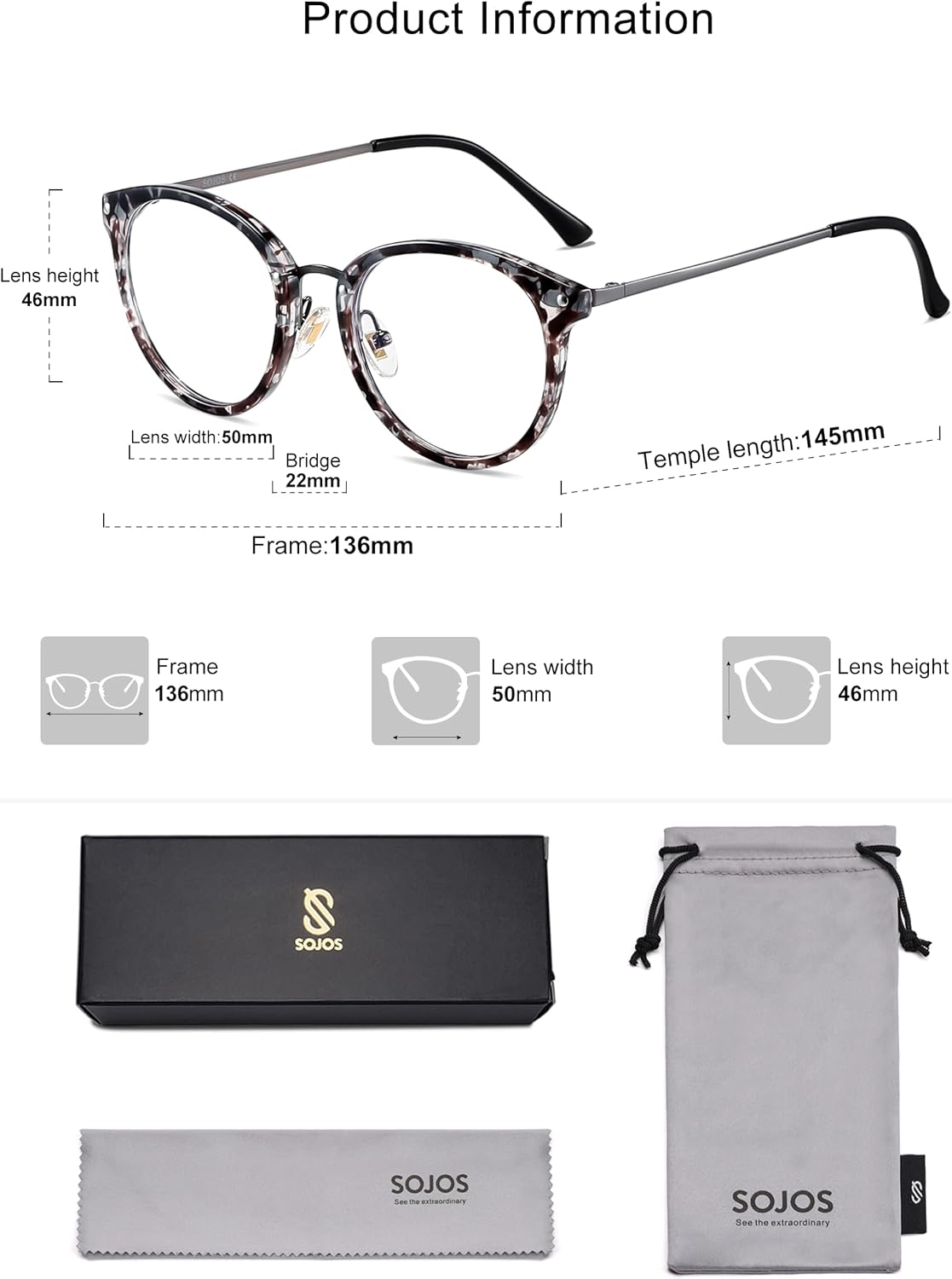 SOJOS Retro Round TR90 Blue Light Reading Glasses Womens Mens Readers Computer Glasses Eyewear Frame SJ9001