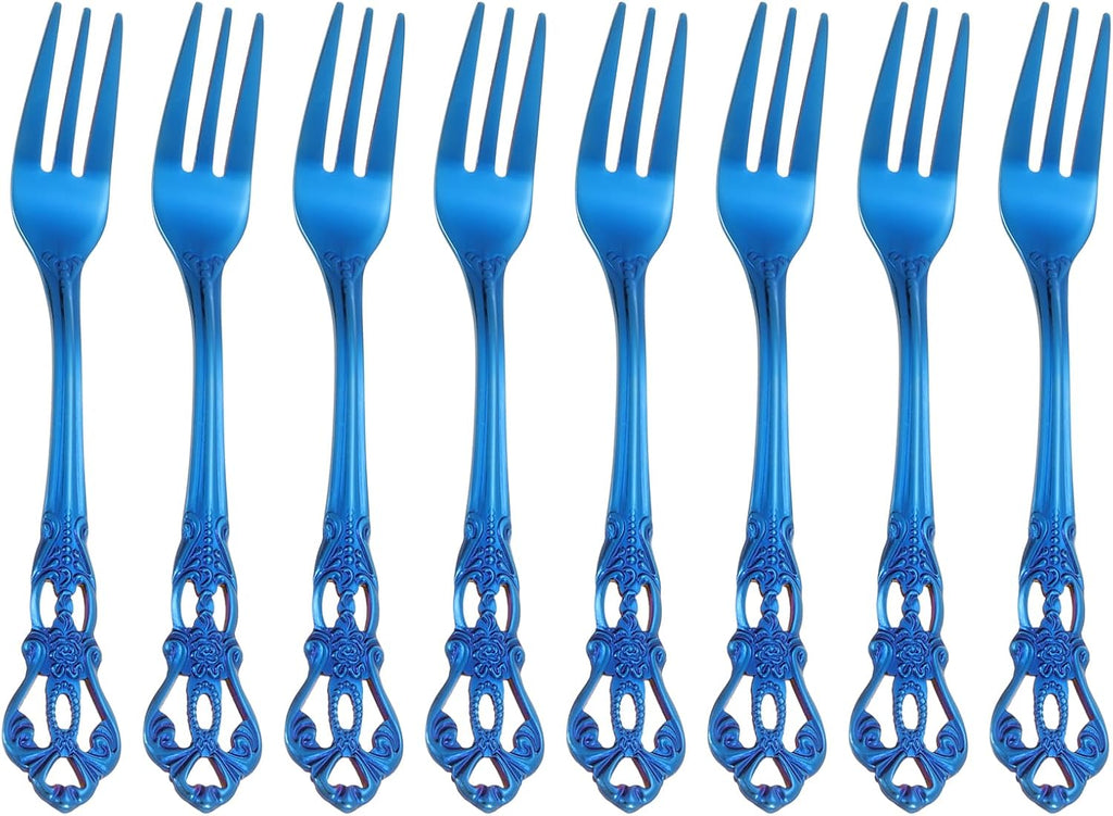 uxcell 8 Pcs Salad Forks  5.1 Inches Stainless Steel Dessert Forks  Mirror Polished  Dishwasher Safe  Tiny Forks for Small Desserts  Cocktails  Blue