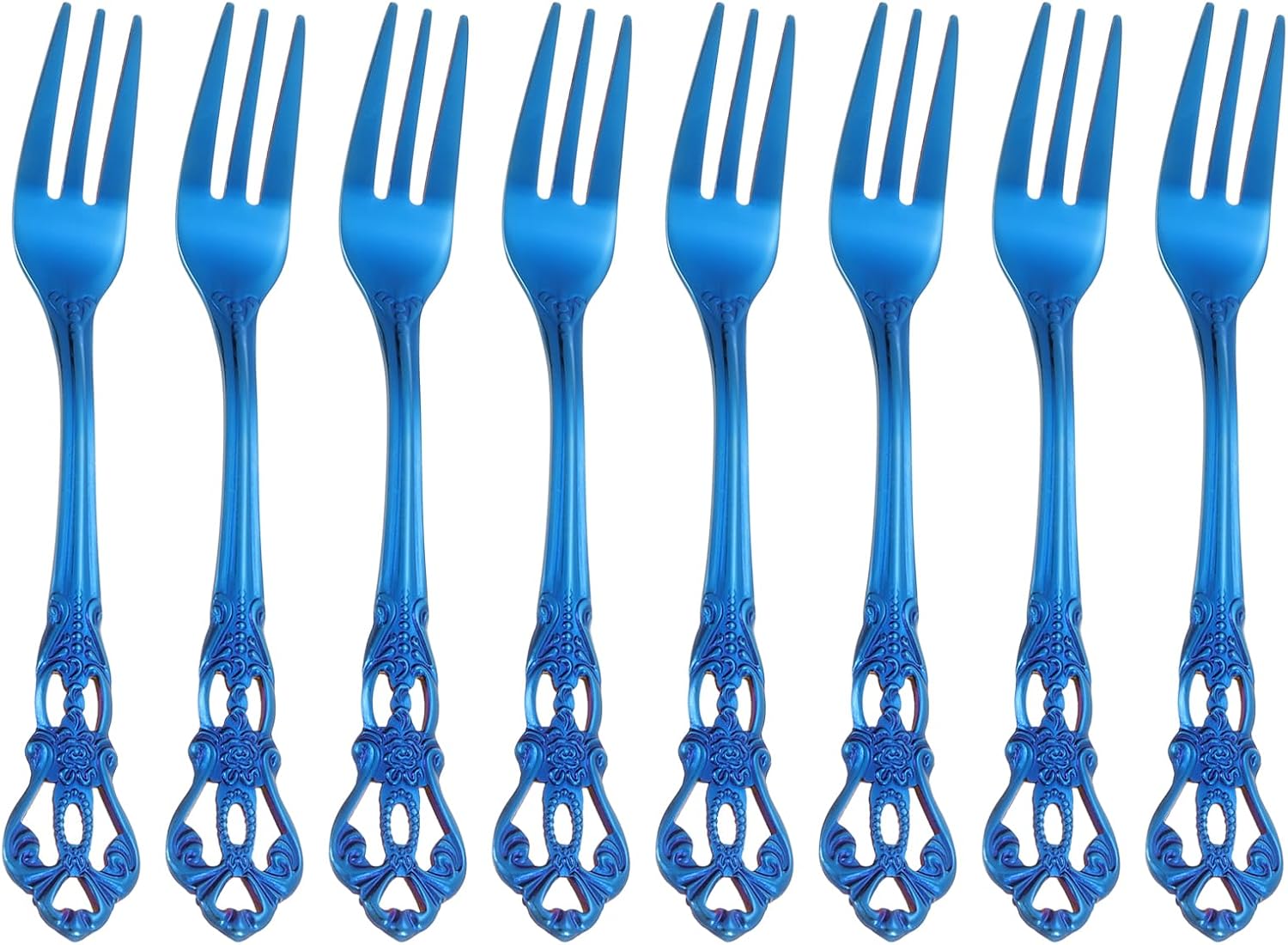 uxcell 8 Pcs Salad Forks  5.1 Inches Stainless Steel Dessert Forks  Mirror Polished  Dishwasher Safe  Tiny Forks for Small Desserts  Cocktails  Blue