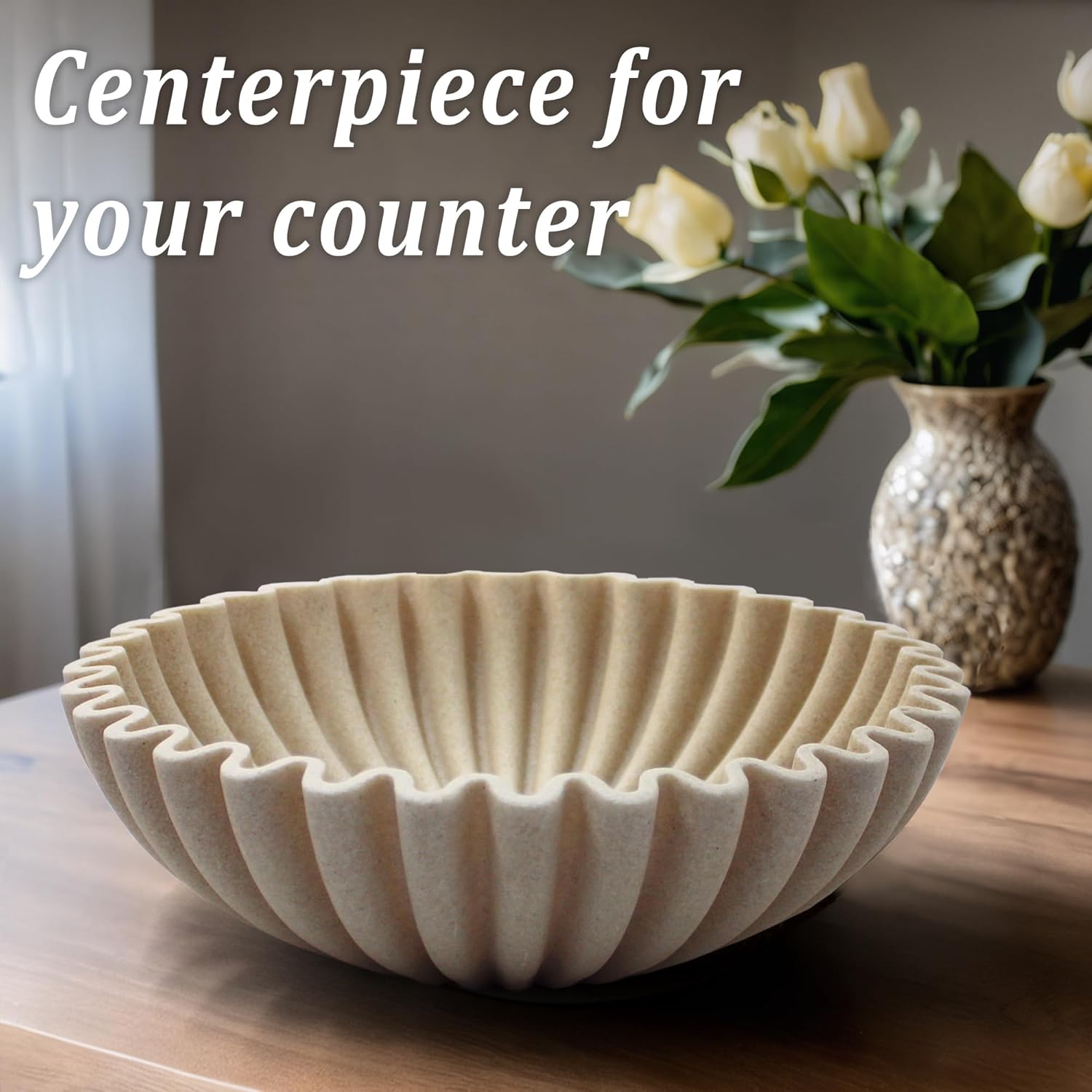 Ruffle Decorative Bowl  Large Fruit Bowl for Kitchen Counter  Stylish Key Bowl for Entry Table  Handcrafted Home Decor Display bowl  Artificial Stone Beige