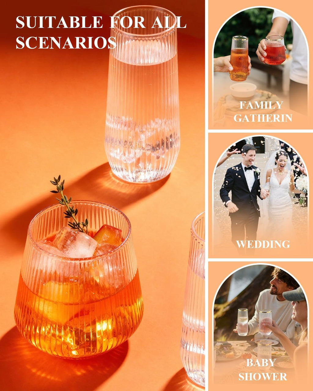BESTSTAR 48 Pack Disposable Ribbed Origami Ripple Plastic Glasses Set - 24 9 OZ Stemless Champagne Flutes & 24 12OZ Cups  BPA-Free Shatterproof Clear Drinkware for Weddings  Parties & Events (Clear)