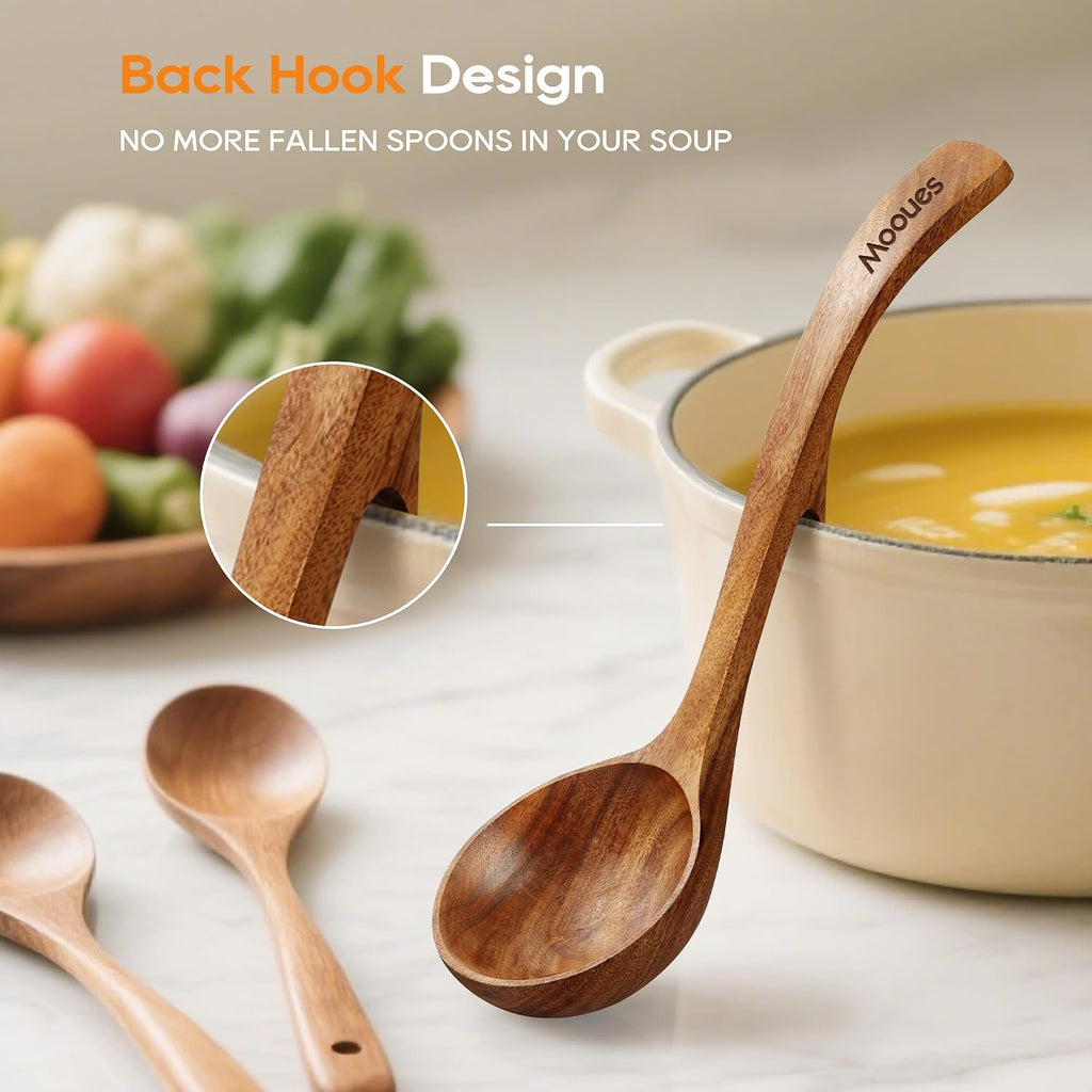 Wooden Ladle for Soup  3 Size Teak Wood Ladle Spoon with Back Hooks  Heat Resistant Wooden Spoons for Cooking  Non-Stick  Comfortable Grip  Wood Kitchen Utensils Set for Serving  Stirring