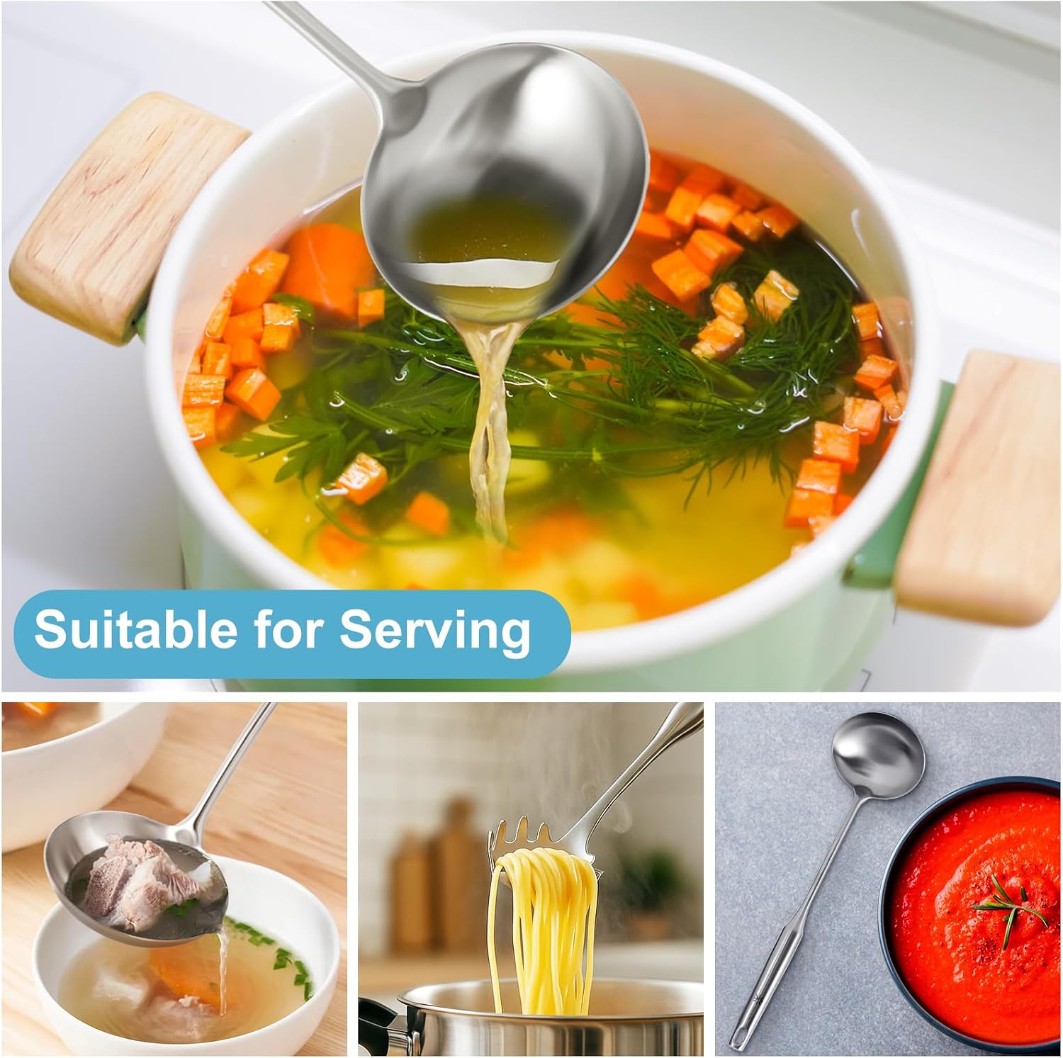 Soup Ladle - 18/10 Stainless Steel Ladle Spoon，13.8" Large Durable Metal Ladel for Serving or Cooking  Stirring  Wok & Soup  Professional Heavy Duty kitchen Utensils  Christmas gifts