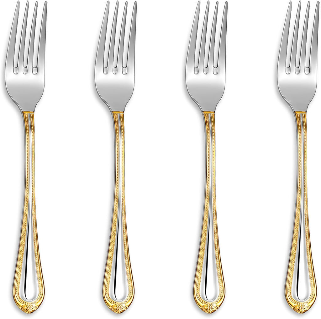 KEAWELL Pearl Edge 4-Piece Premium Fork Set  18/10 Stainless Steel  Fine Silverware Forks with Mirror Finish and Exquisite Craftsmanship  Gold Accent  Dishwasher Safe (4  7.3" Salad Forks)