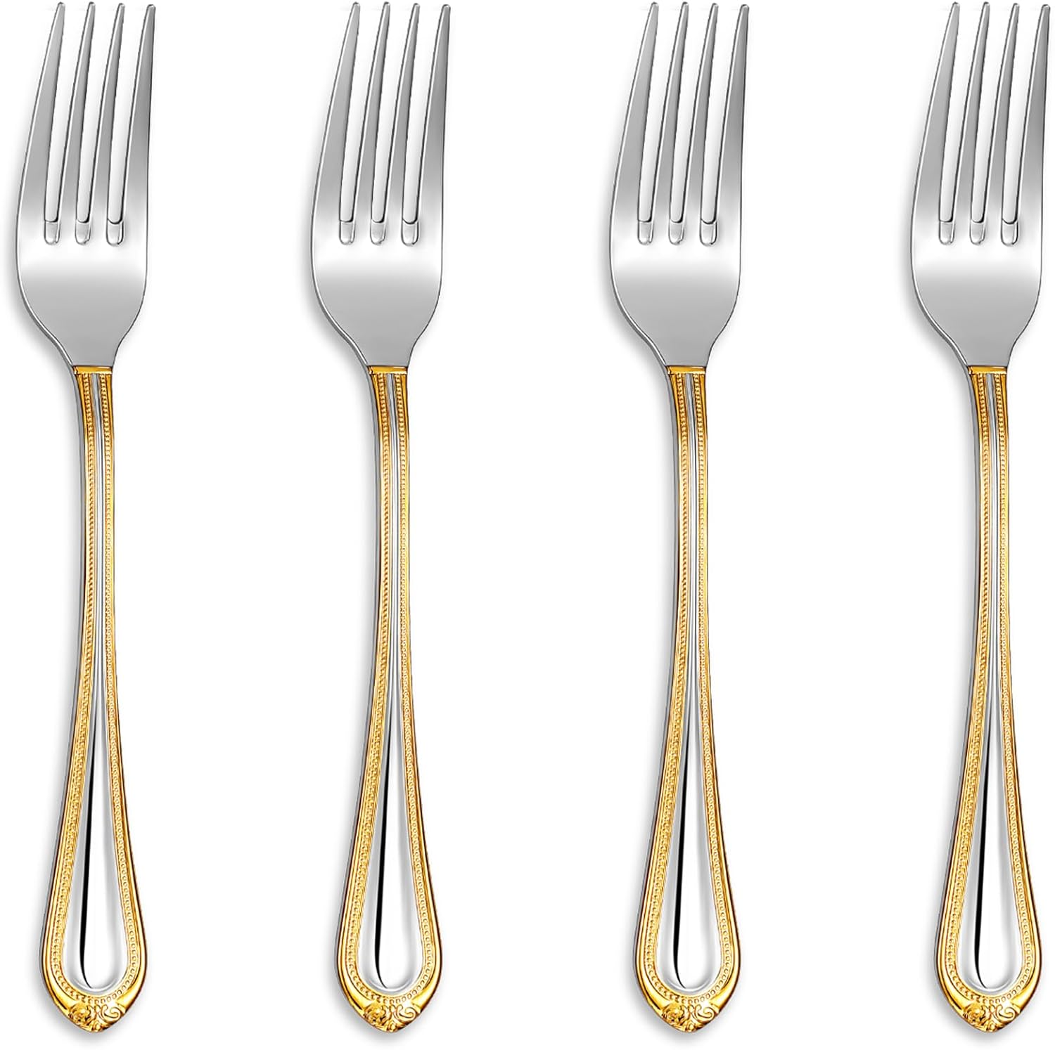 KEAWELL Pearl Edge 4-Piece Premium Fork Set  18/10 Stainless Steel  Fine Silverware Forks with Mirror Finish and Exquisite Craftsmanship  Gold Accent  Dishwasher Safe (4  7.3" Salad Forks)