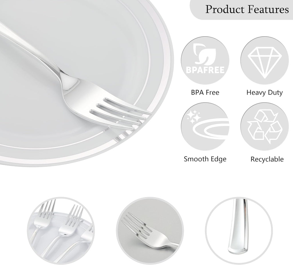 200pcs Silver Dessert Plates with Forks for 100 Guests-100pcs 7.5" Disposable Silver and White Small Plates with 100pcs 7.4" Forks-Cake/Appetizer/Salad Plate for Wedding Birthday Party