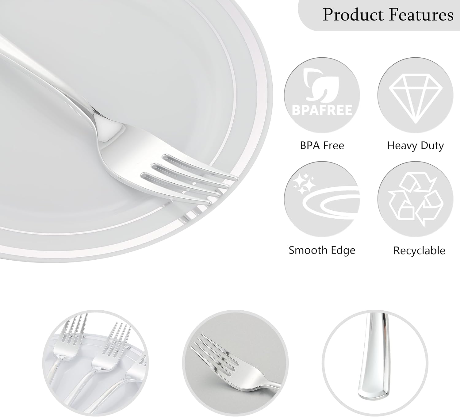 200pcs Silver Dessert Plates with Forks for 100 Guests-100pcs 7.5" Disposable Silver and White Small Plates with 100pcs 7.4" Forks-Cake/Appetizer/Salad Plate for Wedding Birthday Party