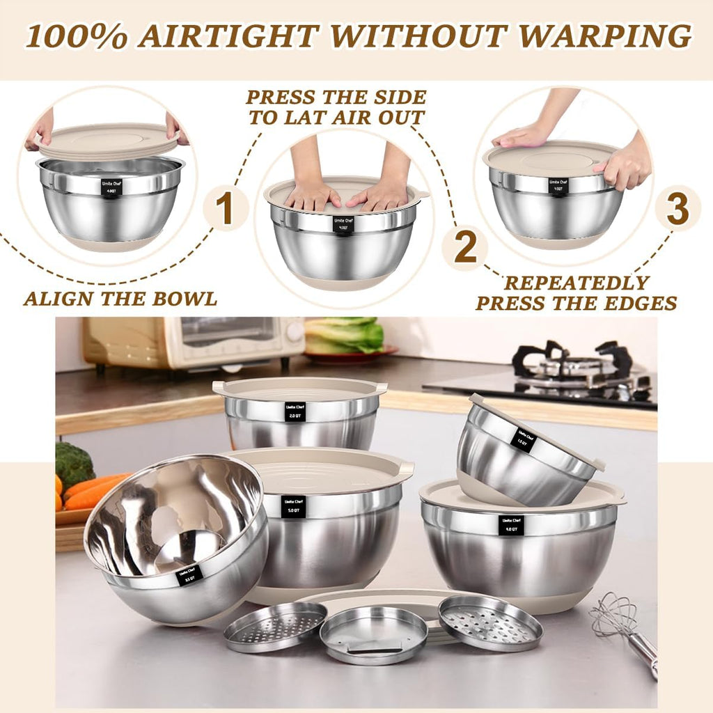 Umite Chef Mixing Bowls with Airtight Lids Set  8PCS Stainless Steel Khaki Nesting Bowls with Grater Attachments  Kitchen Bowls with Non-Slip Bottoms  Size 5  4  3.5  2  1.5QT for Mixing & Serving