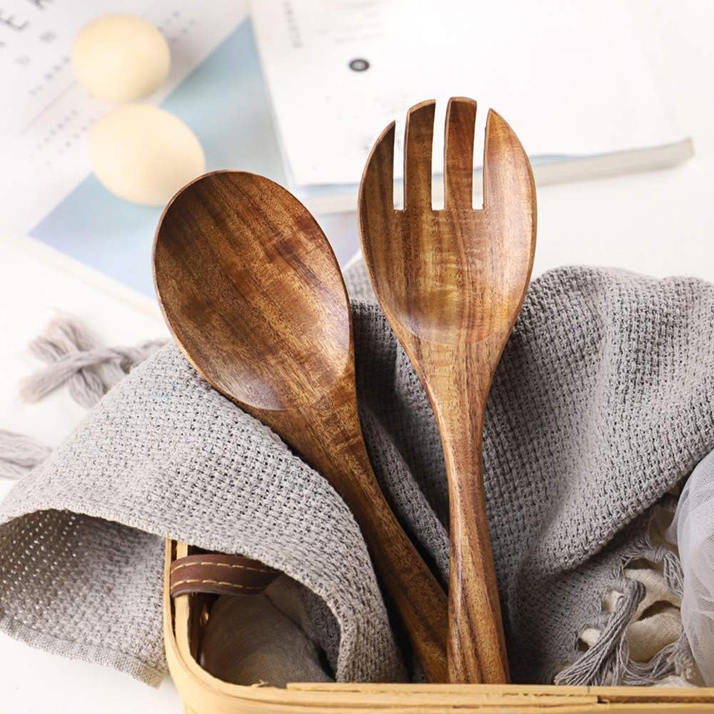 AOOSY Acacia Wood Salad Tongs 10.2 Inch Serving Utensils Set Salad Fork and Salad Spoon for Serving Long Handle Salad Server Set Kitchen Cooking Utensil