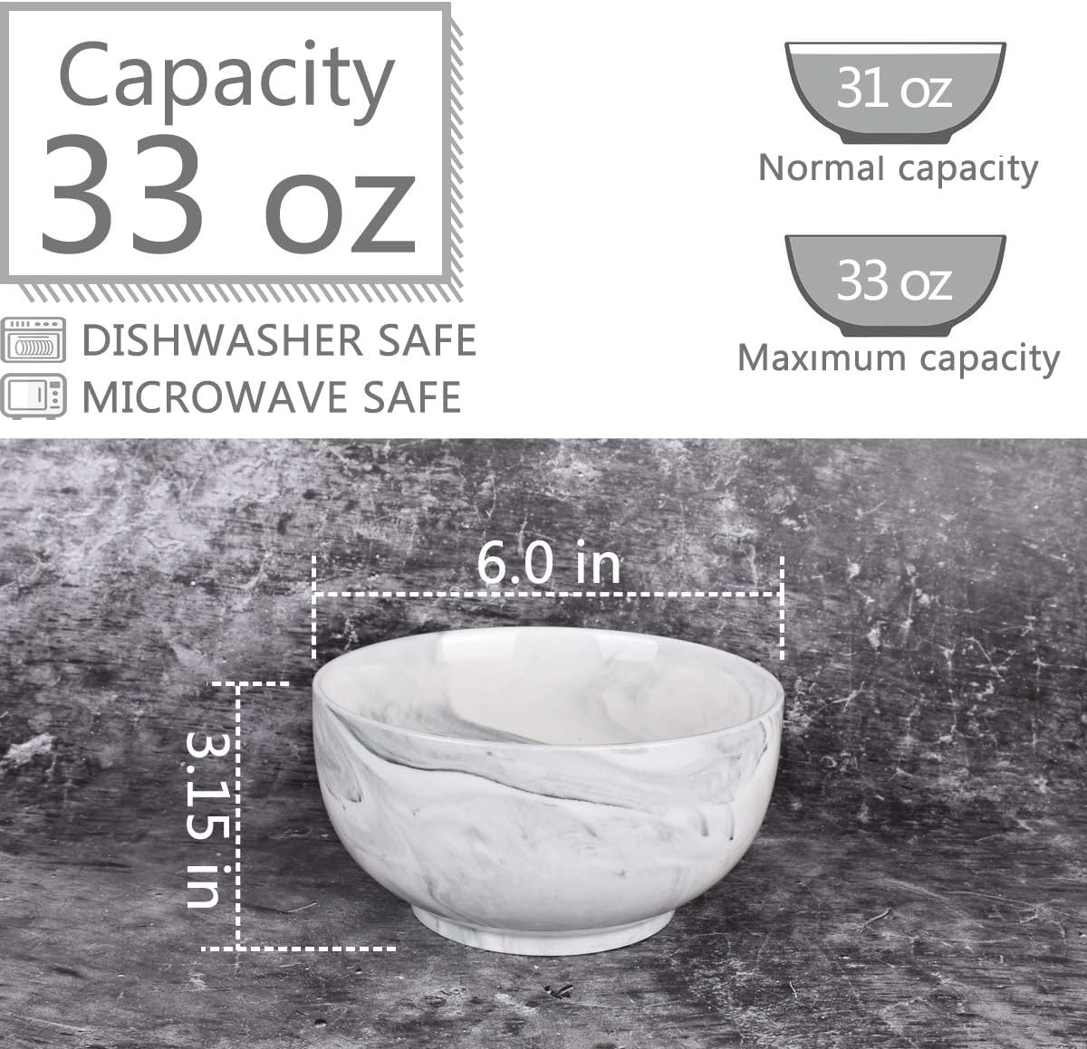 Bosmarlin Marbling Ceramic Bowl Set of 4  33 Oz  Dishwasher and Microwave Safe (33 Oz  B-Grey Marbling)