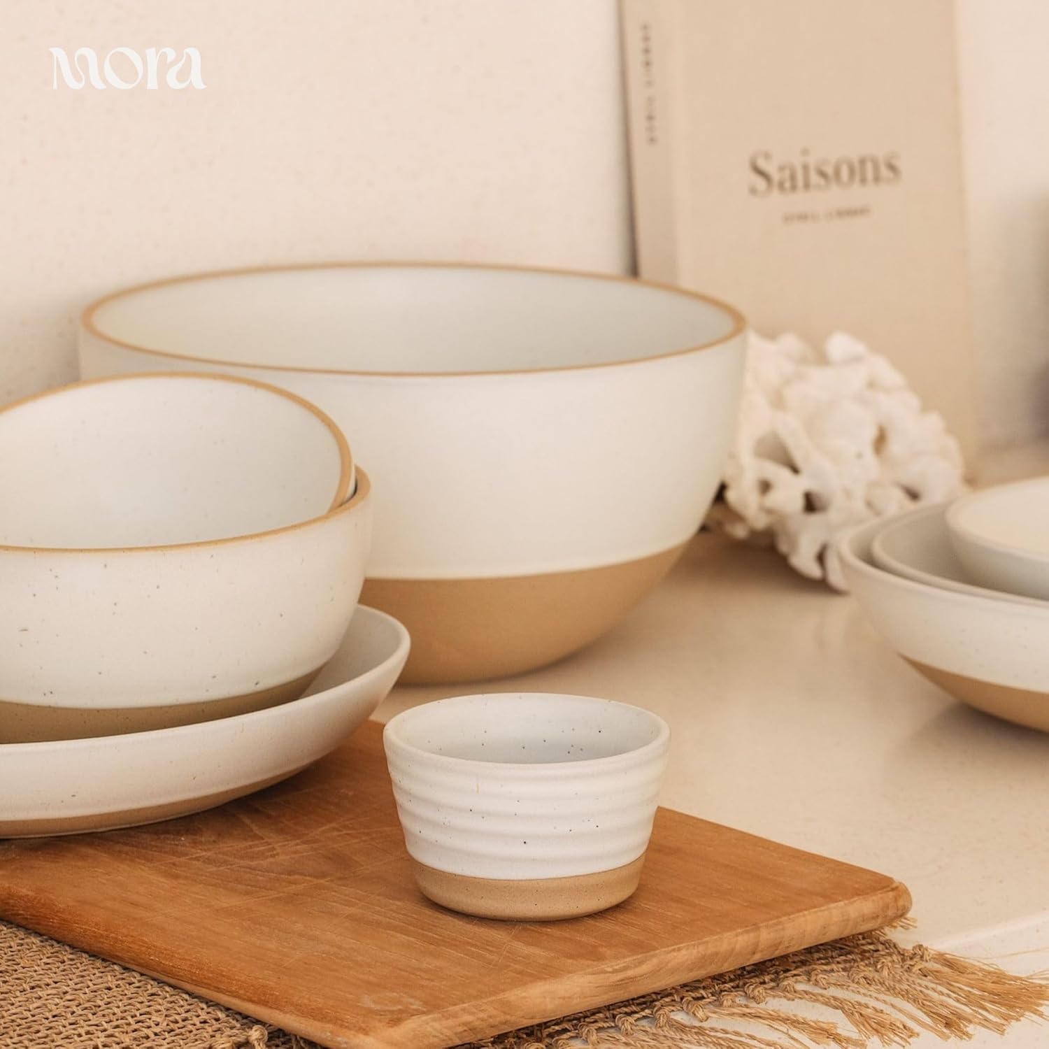 MORA Mega and Giant Bowls Set of 2  5.5 and 3.5 Qt Ceramic Pottery Mixing Bowls - Microwave and Dishwasher Safe - Oat