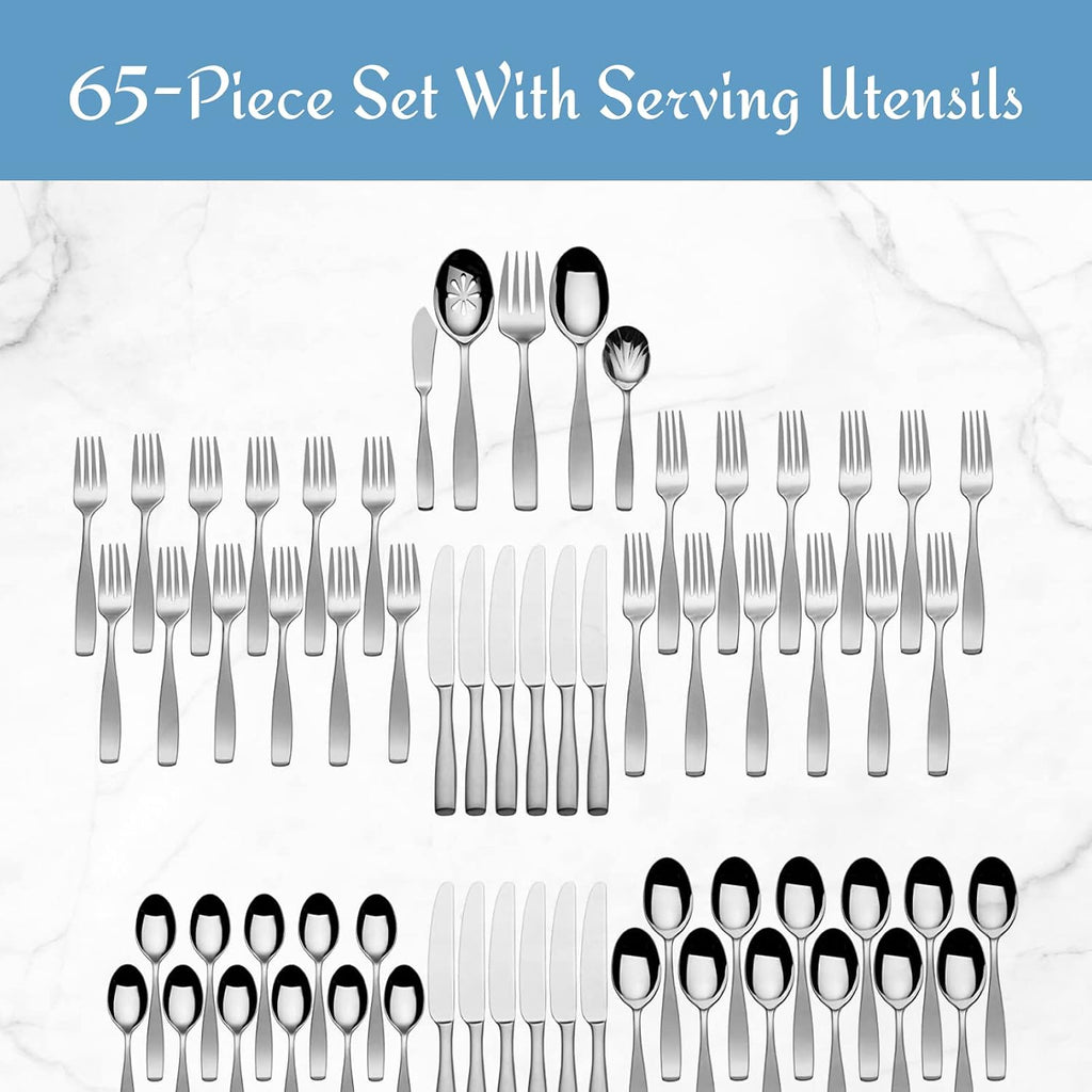 Mikasa Satin Loft 65-Piece Flatware Set for 12  18/10 Stainless Steel Silverware with Forks  Knives  Spoons  and Serving Utensils  Durable and Elegant Design