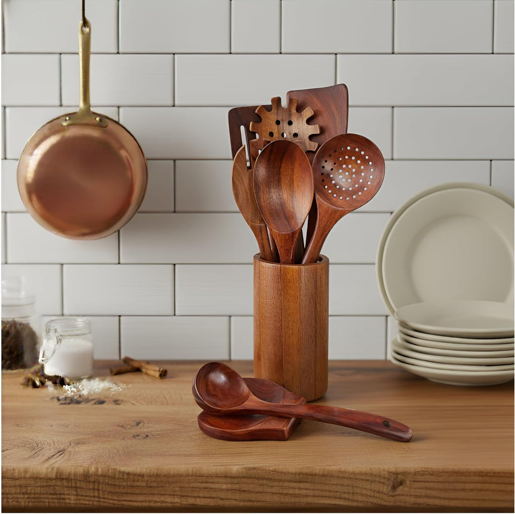 Wooden Utensil Set 9 PCS Hand-Crafted  Heat-Resistant  Non-Scratch & Easy-to-Clean Natural Teak Wooden Kitchen Tools with Spatula  Slotted Spatula  Spoons  Ladle  Pasta Server  Salad Fork  Holder Set