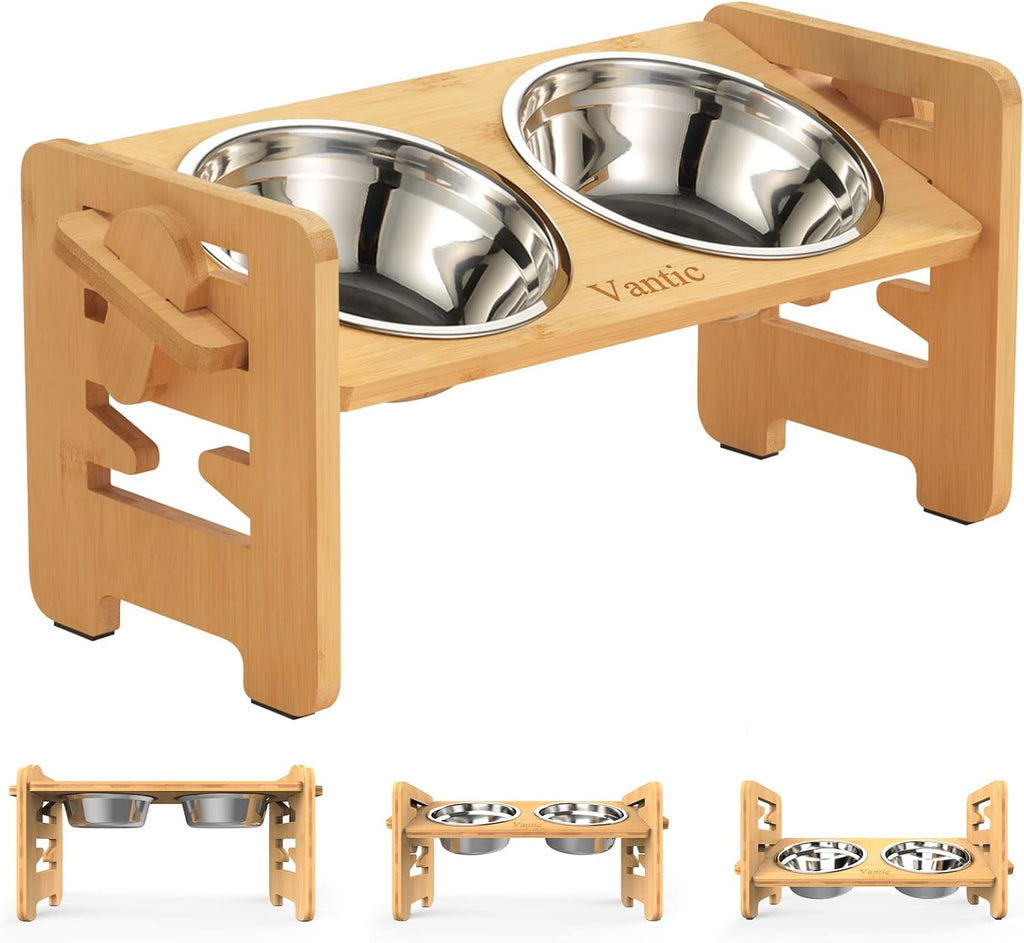 Vantic Elevated Dog Bowls  Adjustable Raised Dog Bowl Stand for Small Puppy and Cats  Sturdy Bamboo Pet Food Feeder with 2 Stainless Steel Dishes  Natural