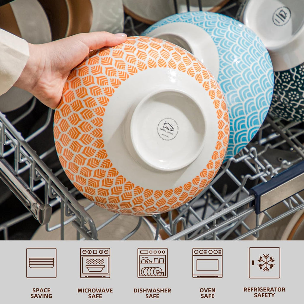 Large Serving Bowls - 60 oz Ceramic Salad Bowl - 8 Inch Serving Bowl Set - Big Soup Bowl For Kitchen - Microwave & Dishwashers Safe - Pho Fruit Pasta Popcorn Bowl - Set of 3
