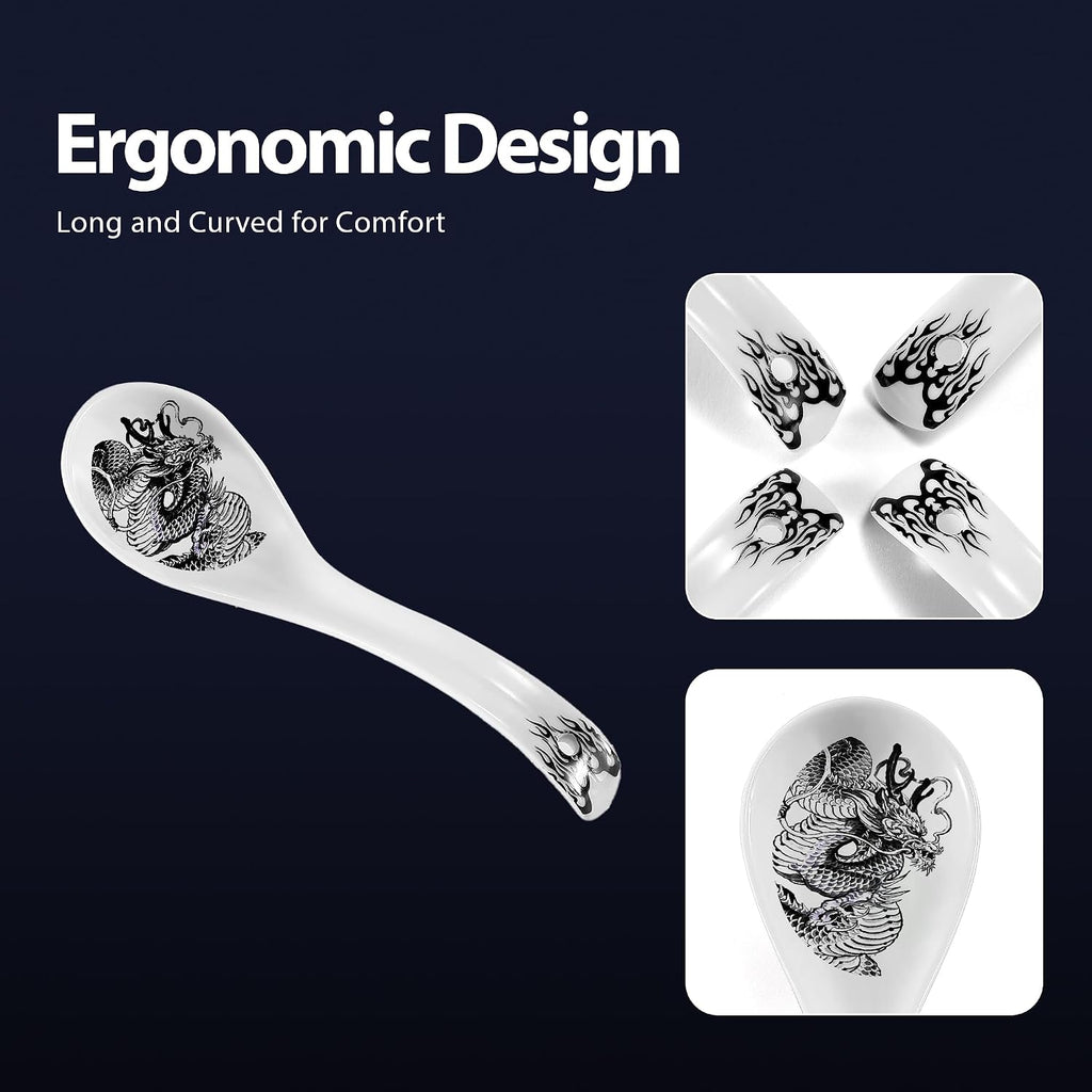 Hagary Ceramic Spoon Soup Spoons Asian Soup Spoon Chinese Korean Japanese Ramen Spoons Set of 4 with Hole 6.2 Inch (Black - Dragon New)
