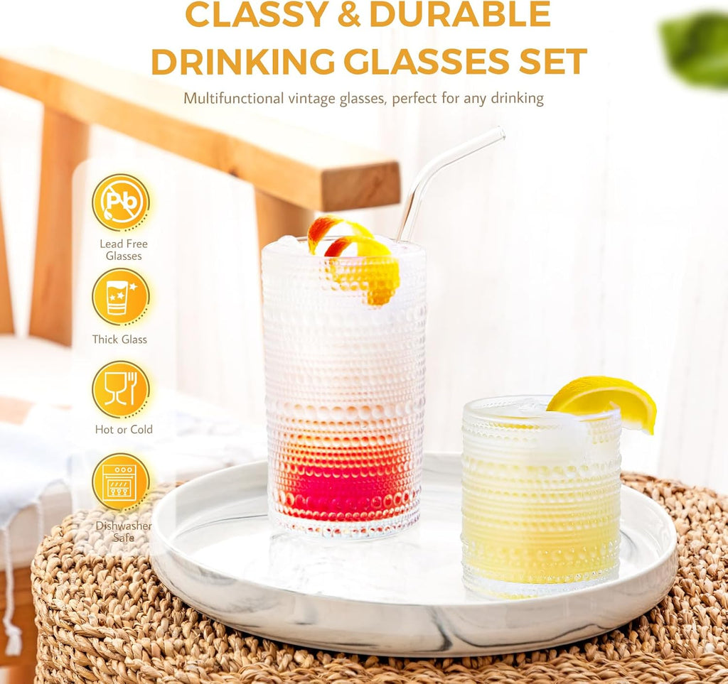 Hobnail Drinking Glasses Set of 12  11.8 oz Vintage Glasses Drinking Set & 10 oz Cocktail Glasses Set  Embossed Glass Cups for Kitchen  Beer  Juice  Cocktail  Whiskey  Milk