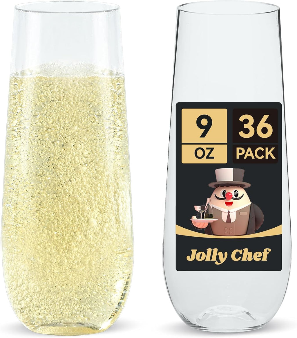 JOLLY CHEF 36 Pack Stemless Plastic Champagne Flutes 9 oz  Crystal Clear Stemless Plastic Toasting Glasses  Clear Disposable Unbreakable Drinkware Ideal for Wedding  Birthday  Party  Thanksgiving