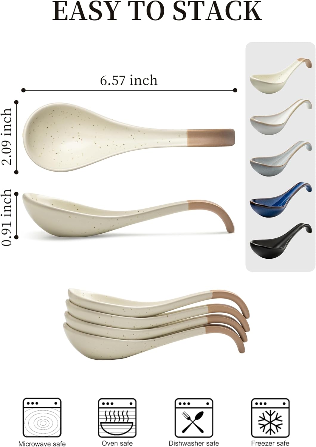 LYEOBOH 6 Pieces Asian Soup Spoons  Japanese Kitchen Soup Spoon Set  Dinner Tablespoons with Long Handle for Cereal  Ramen  Ice Cream  Dishwasher & Microwave Safe  Rustic Decor  White and Brown