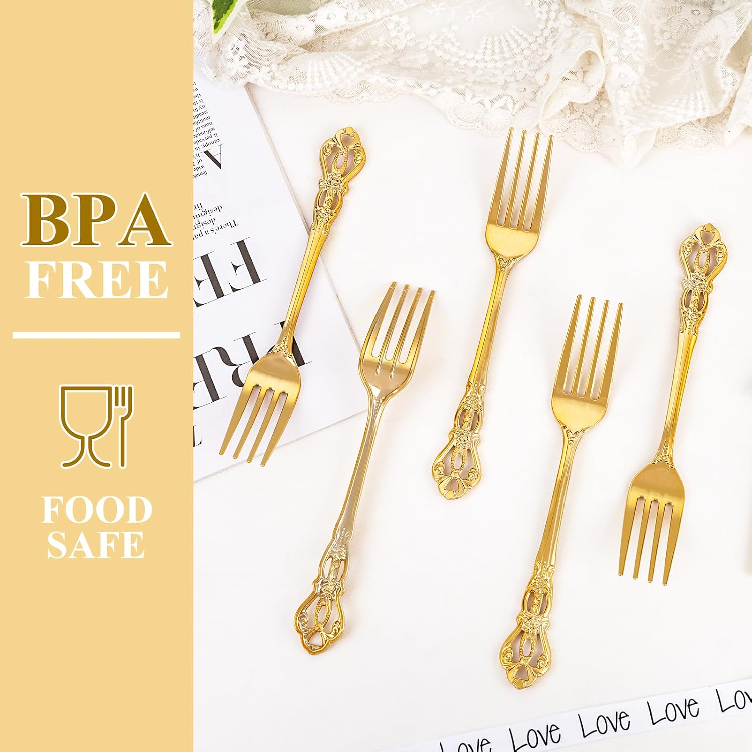 30PCS Gold Plastic Forks - 8.1inch Gold Forks Disposable - Vintage Heavy Duty Dessert Forks - Premium Fancy Plastic Silverware for Parties  Weddings  Dinners and Events