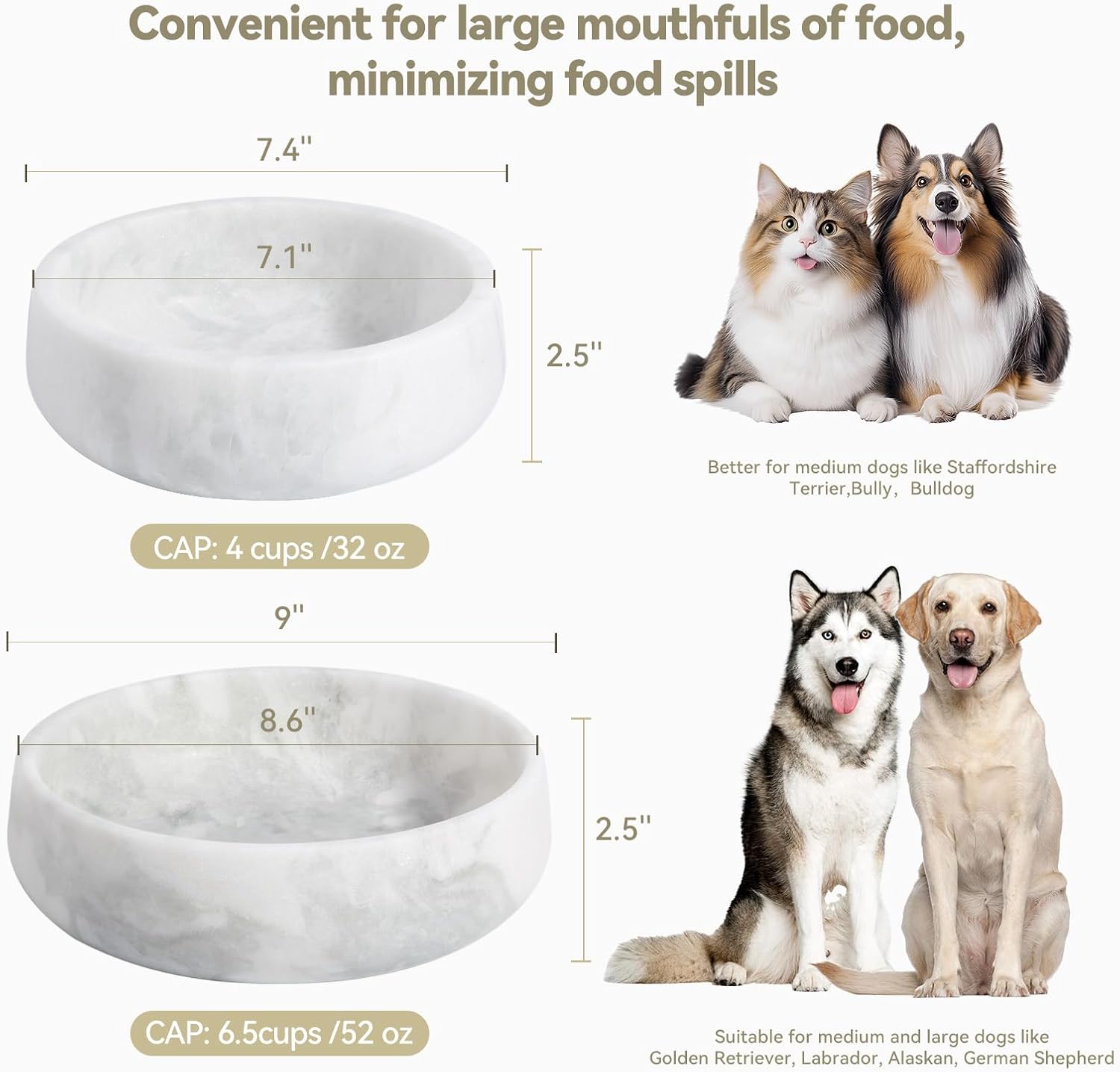 White Marble Dog Bowls  Non-Slip Dog Food Water Bowl Small  Heavy Duty Pet Bowl for Cats and Medium Dogs  Weighted African Natural Marble  Holds 4 Cups(5lbs)