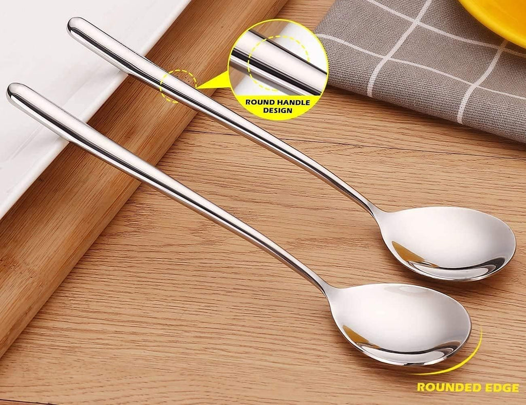 Stainless Steel Spoon Long handle Great Circle Soup Spoons Korean Long Handled Soup Spoon Stainless Steel Round handle Bar Spoons Silver Set of 4