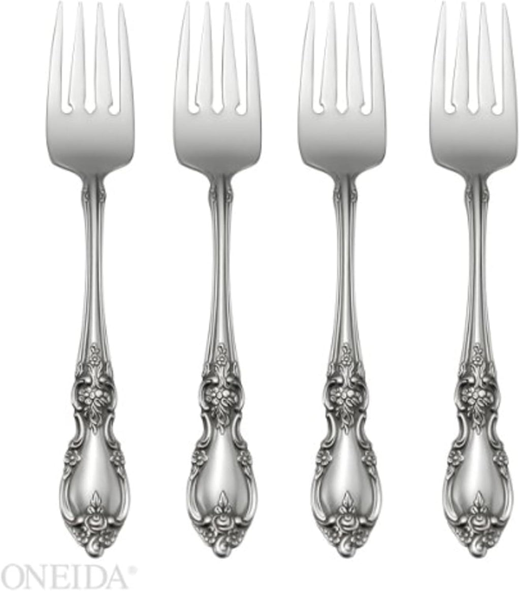 Oneida Louisiana 4-Piece Fine Salad Forks Stainless Steel Silverware Set  18/8 Stainless Steel Small Fork Set  Service For 4  Dishwasher Safe  Silver  Mirror Finish  Metal  Utensils (Silver  4 Piece)