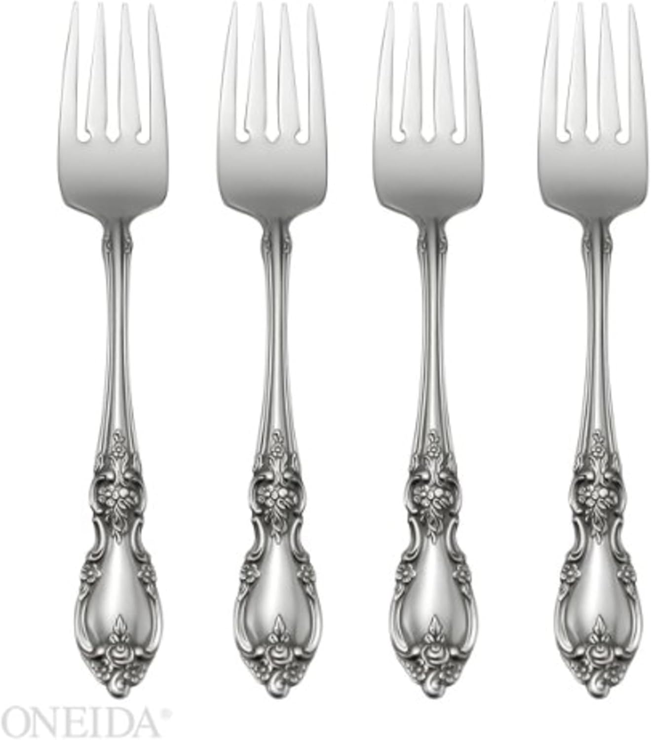 Oneida Louisiana 4-Piece Fine Salad Forks Stainless Steel Silverware Set  18/8 Stainless Steel Small Fork Set  Service For 4  Dishwasher Safe  Silver  Mirror Finish  Metal  Utensils (Silver  4 Piece)