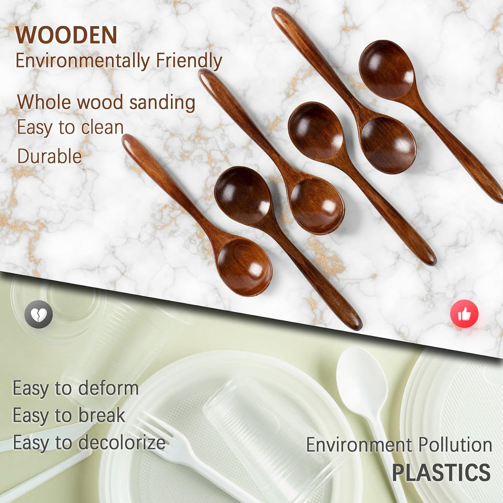 6 PCS Wooden Spoons for Honey  6.7 inch Small Wooden Spoons - Terrific for Tea  Coffee & Soup  Little Wood Serving Table Spoon Set  Bulk Bamboo Teaspoon for Eating with Unique Design