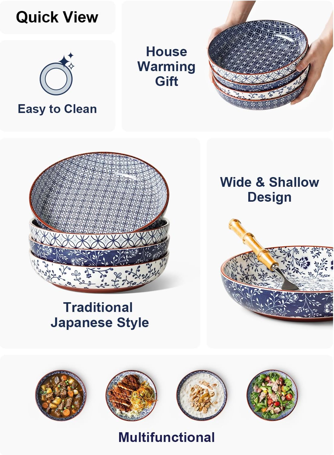 LE TAUCI Pasta Bowl 32 oz  Ceramic Salad Bowl  Japanese-Style Plate Bowls for Serving Pasta  Fruits  Salad  Noodle  Dinner  Soup  Mircrowave Oven Dishwasher Safe - 8.2 Inch  Set of 4  Vintage Blue
