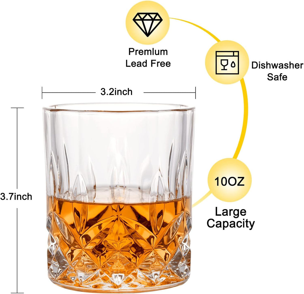 Whiskey Rocks Glass  Set of 4 (2 Crystal Bourbon Glasses  2 Round Big Ice Ball Molds) In Gift Box - 10 Oz Old Fashioned Glasses for Scotch Cocktail Rum Cognac Vodka Liquor  Unique Gifts for Men