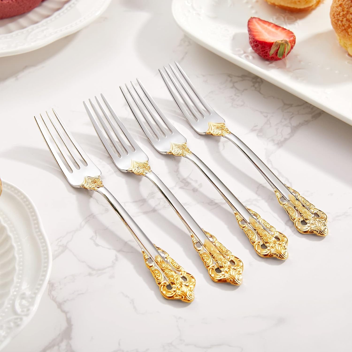 KEAWELL Luxury 5.9" Appetizer Forks  18/10 Stainless Steel  Set of 4  Gorgeous Cocktail Forks/Dessert Forks (Gold Accent)