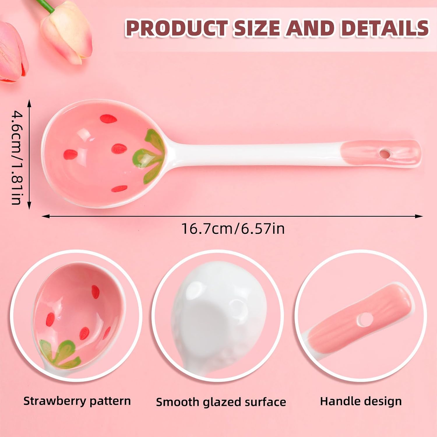 5 Pcs Ceramic Soup Spoons Cute Strawberry Spoons Long Handle Porcelain Tablespoons Reusable Dinnerware for Ice-cream Desserts Cereal Soup Yogurt (5)