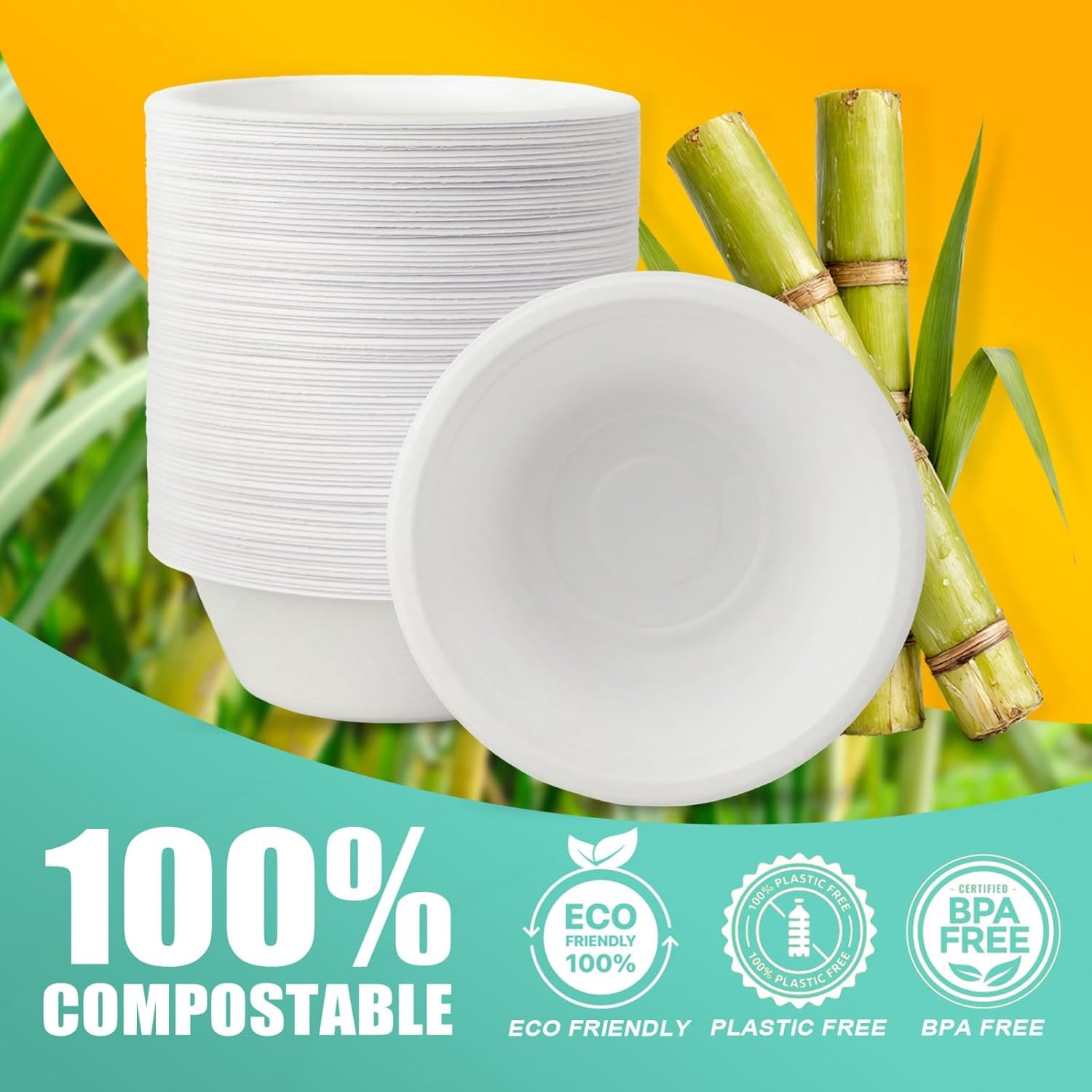 200 Count 12 oz Paper Bowls  Disposable Compostable Bowls Bulk  Heavy Duty Biodegradable Bagasse Bowl for Snacks  Soup  and Salads  White