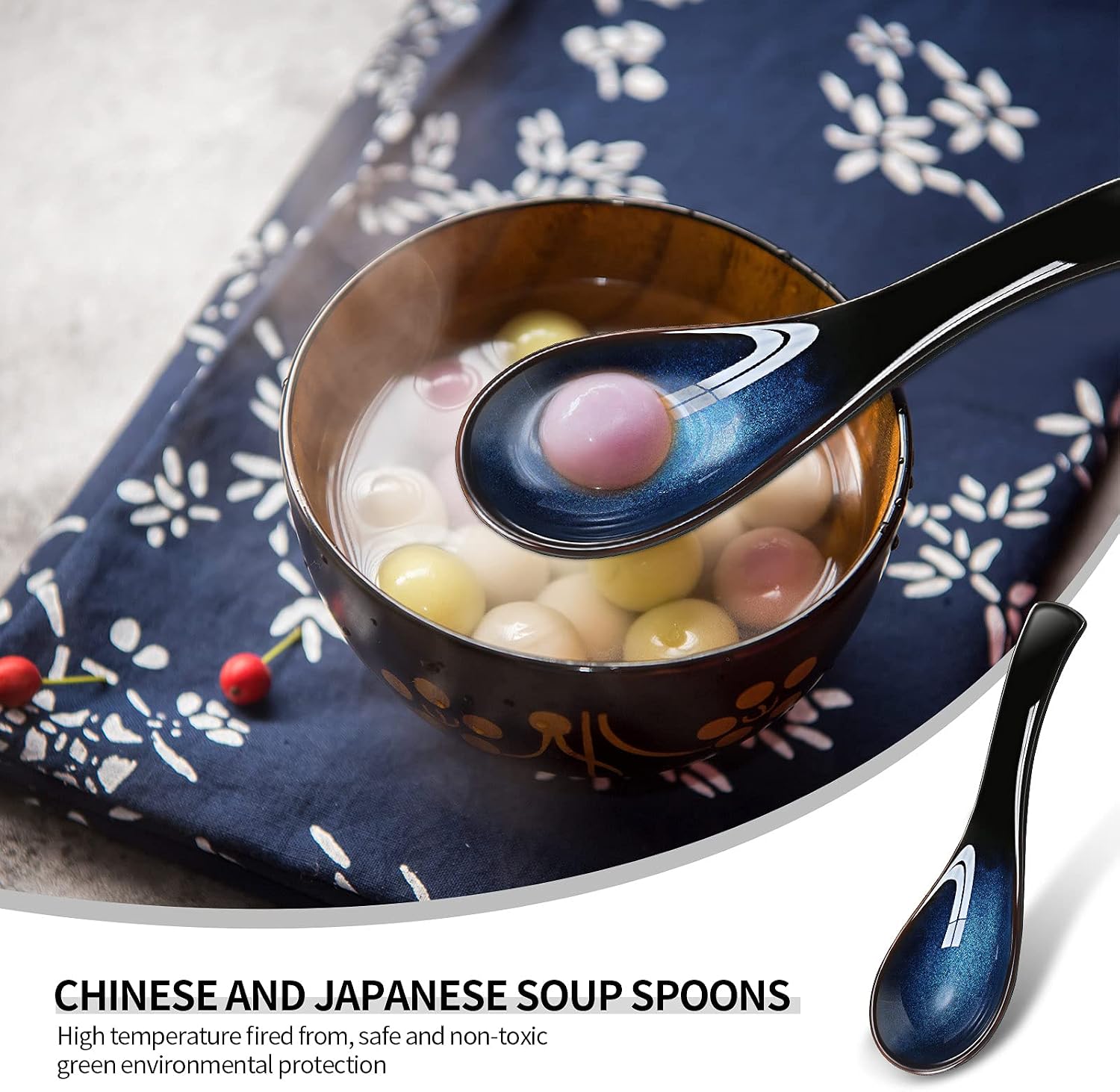 Geiserailie 4 Pieces Asian Ceramic Soup Spoons Set Long Handle Chinese Spoons Retro Blue Japanese Ramen Bowl Soup Spoon Suitable for Gravy  Cake  Oatmeal  Dumplings