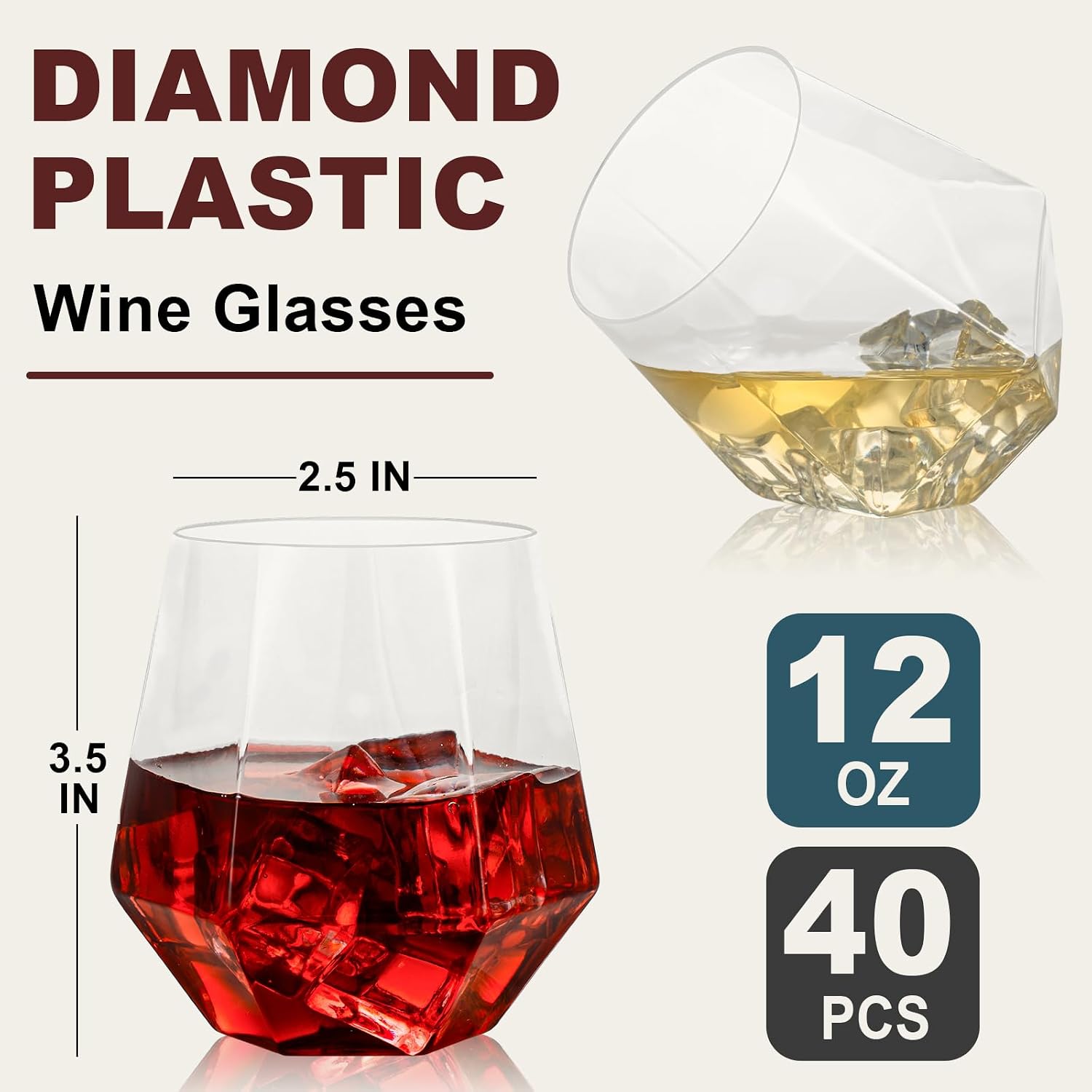 Goodluck 40 PCS Diamond Stemless Plastic Wine Whiskey Glasses  12 Oz Disposable Cocktail Glasses  Suitable for Weddings  Birthday Parties  Family Gatherings  Bars  etc (Clear)