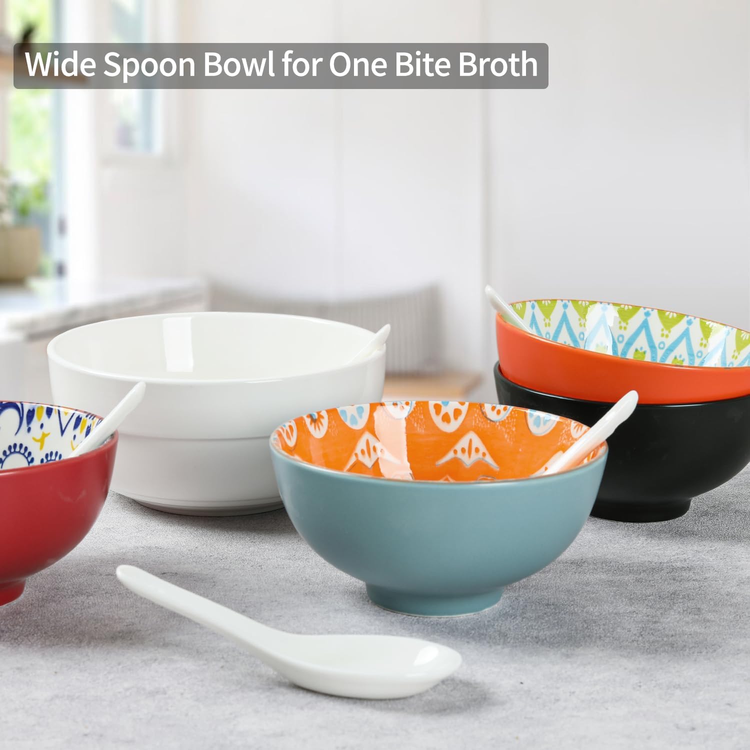 Soup Spoons Set of 6  Asian Ceramic Soup Spoons 5.3" Ramen Spoons Proper for Corelle Pho Miso Wonton Ramen Dumpling Macaron Dishwasher & Oven Safe