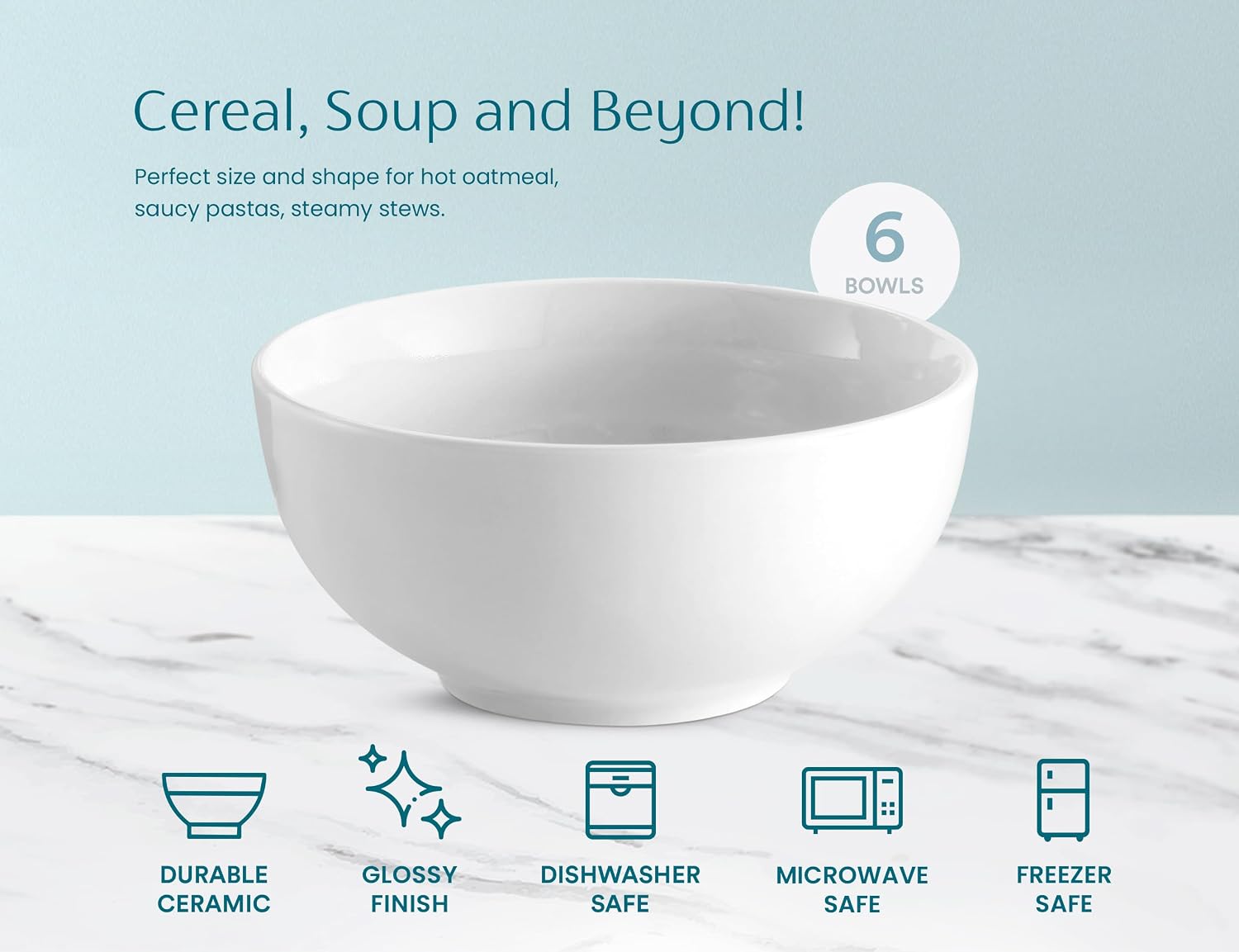 KooK Soup Bowls  Cereal Bowl  Ceramic  Bowls for Kitchen  Microwave  Dishwasher and Freezer Safe  Porcelain Dishes for Pasta  Salad  Oatmeal  Deep Interior  20 oz  Set of 6  (White)