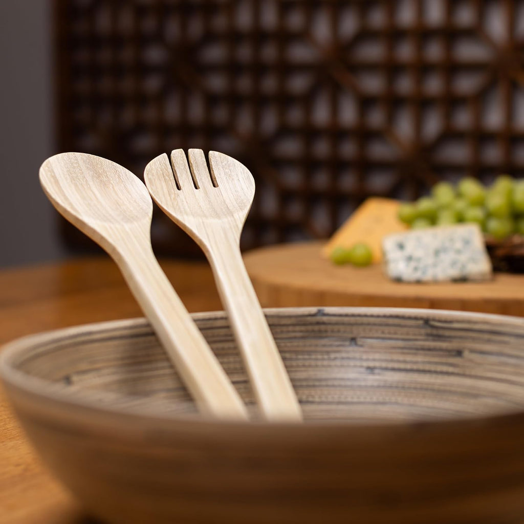 LEXA Bamboo Salad Utensil Set  12 Inch – Handmade Eco-Friendly Serving Spoon & Fork  Natural Bamboo  Durable & Unique  Perfect for Salads  Fruits & Entertaining