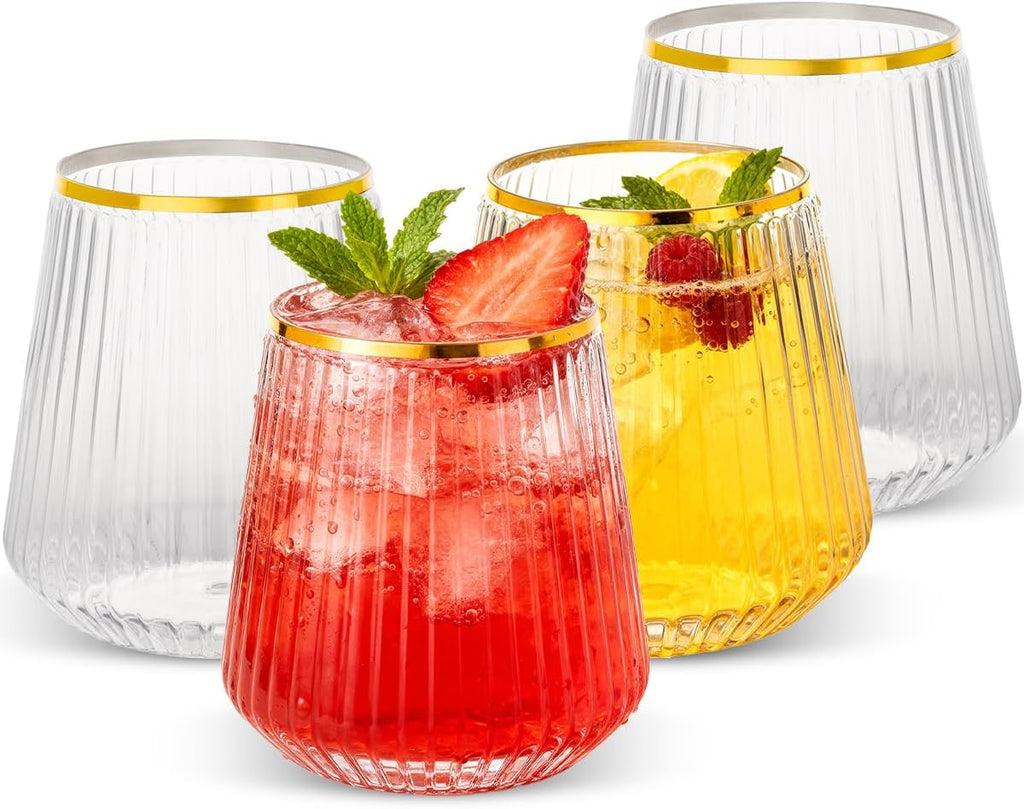 Goodluck 36 Pack 12oz Stemless Plastic Wine Glasses – Clear Ribbed Cups with Gold Rim  Fancy Reusable Disposable Drinkware for Weddings  Parties  Bars  Indoor and Outdoor Events
