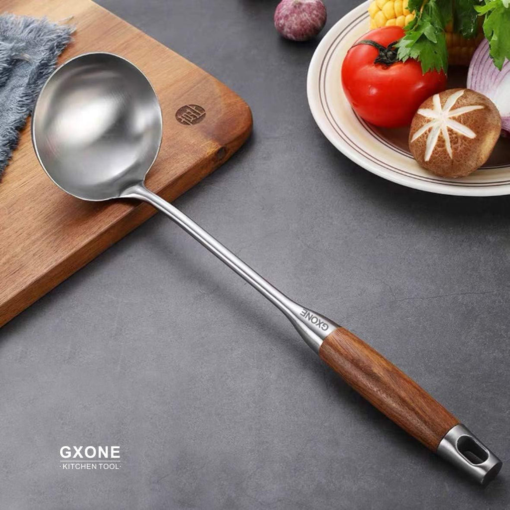 Soup Ladle 304 Stainless Steel Cooking Ladle Spoon Wok Tools with Long Wooden Handle Heat Resistant Silver/14.6Inch