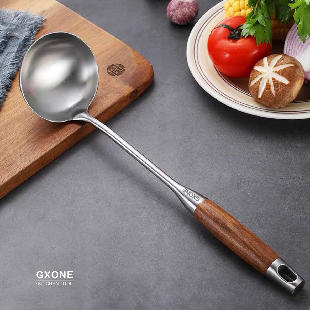 Soup Ladle 304 Stainless Steel Cooking Ladle Spoon Wok Tools with Long Wooden Handle Heat Resistant Silver/14.6Inch