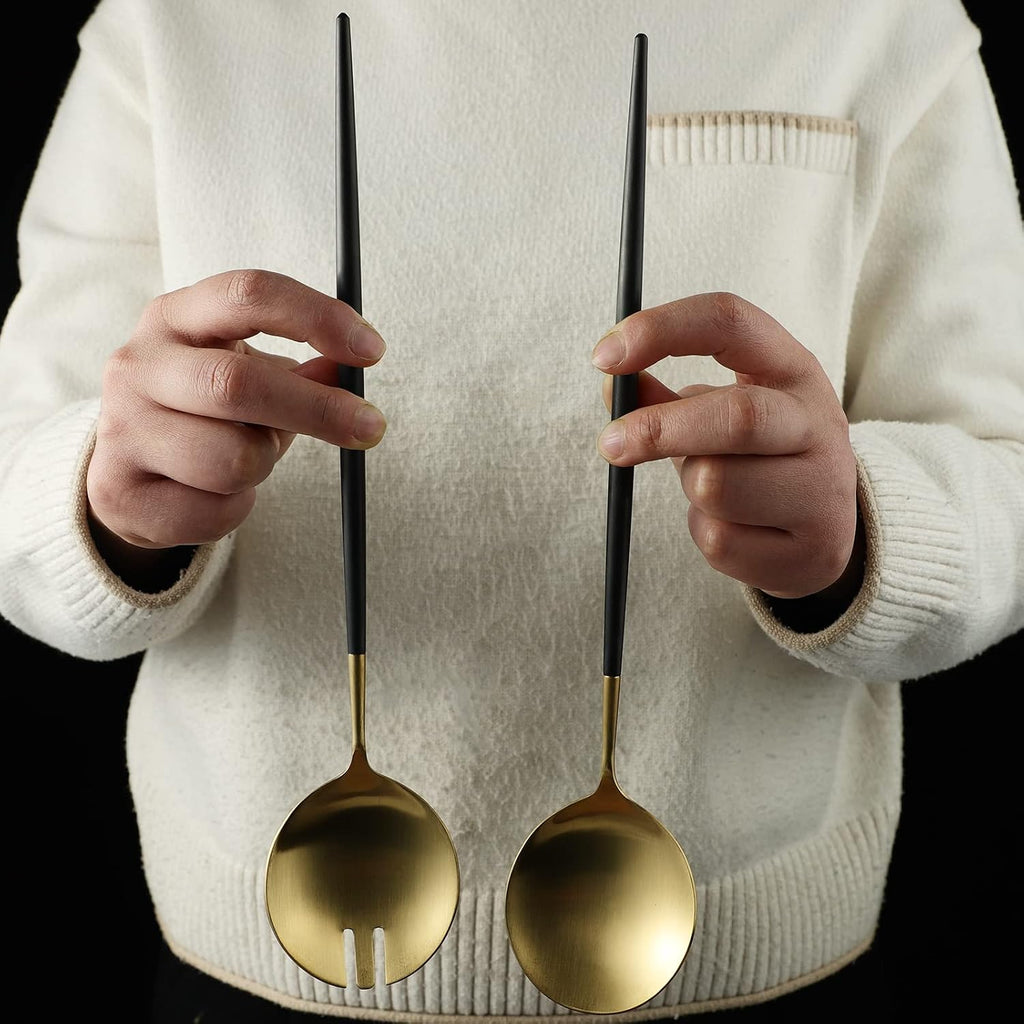 Salad Servers Spoon and Fork Set 11.41 inch 18/10 Stainless Steel Salad Serving Titanium Plating (black gold)