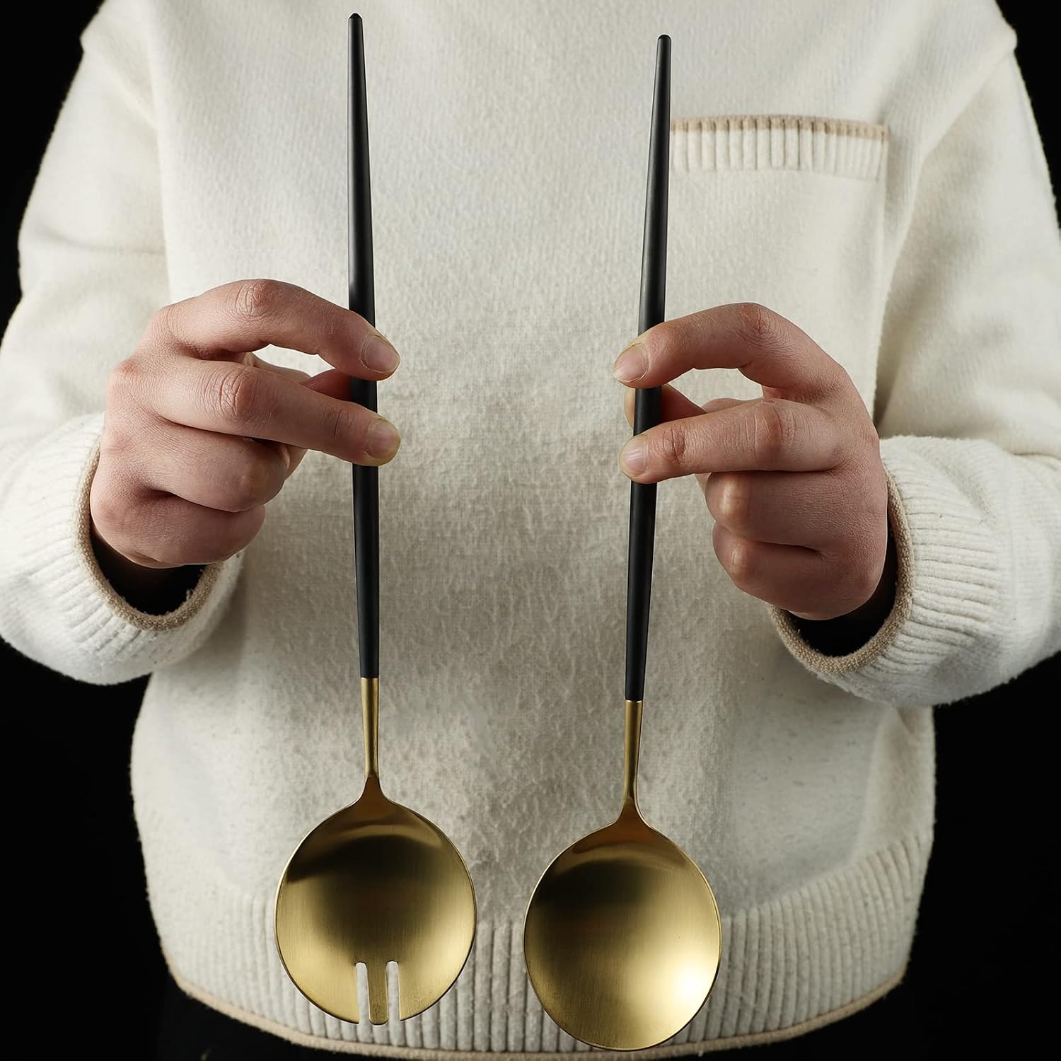Salad Servers Spoon and Fork Set 11.41 inch 18/10 Stainless Steel Salad Serving Titanium Plating (black gold)