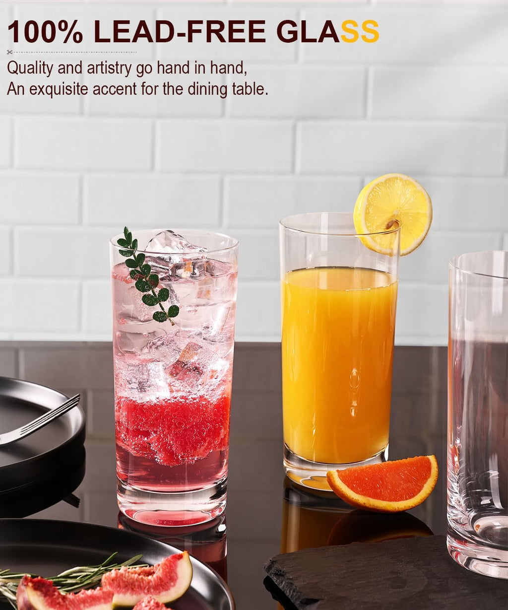 Drinking Glasses Set of 8  16 oz Water Glasses  Wide Mouth Design Lead-Free Crystal Highball Glassware  Tall Glass Cups for Cocktail Parties  Family Dinners  and Tom Collins Bar Glassware