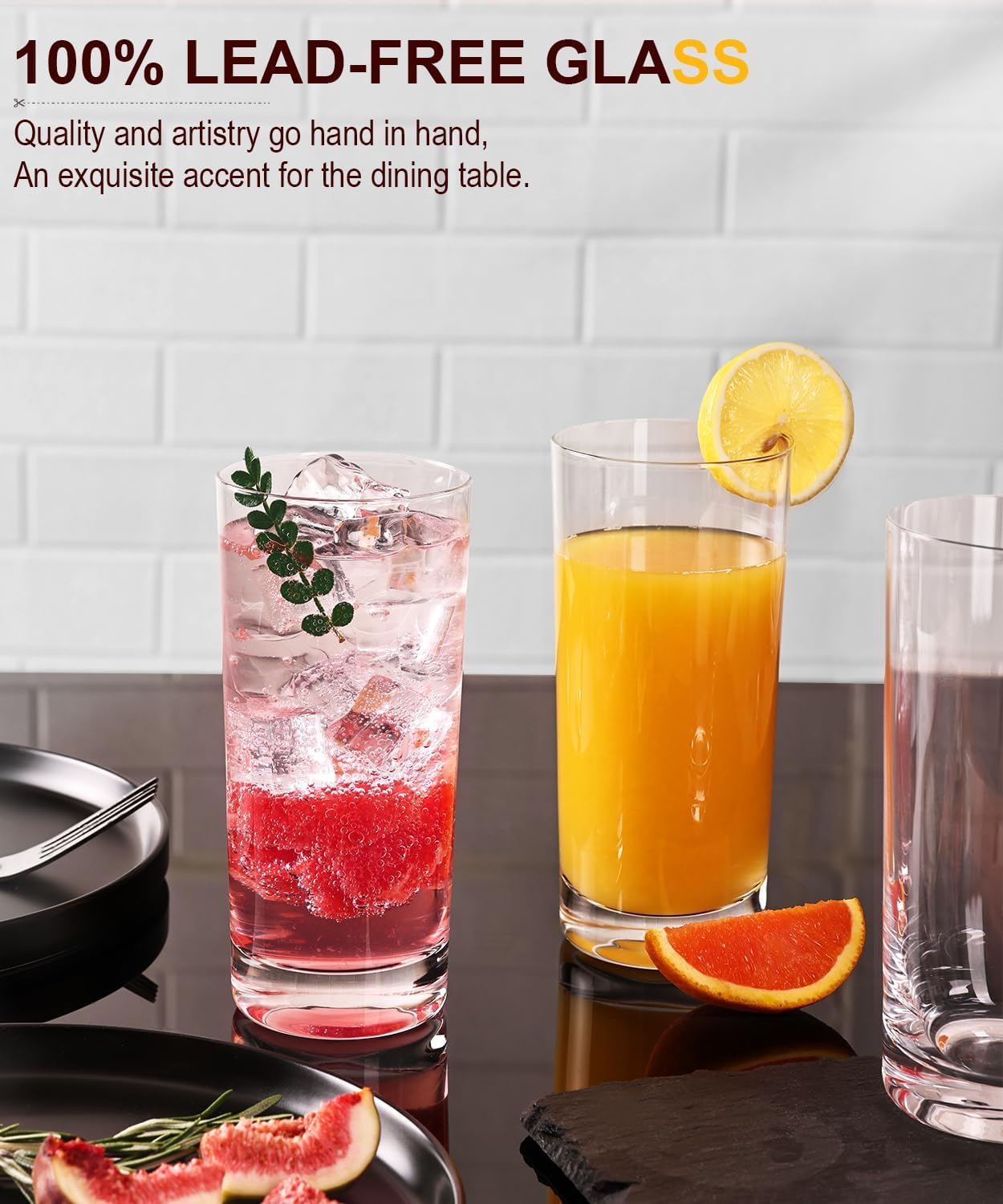 Drinking Glasses Set of 8  16 oz Water Glasses  Wide Mouth Design Lead-Free Crystal Highball Glassware  Tall Glass Cups for Cocktail Parties  Family Dinners  and Tom Collins Bar Glassware