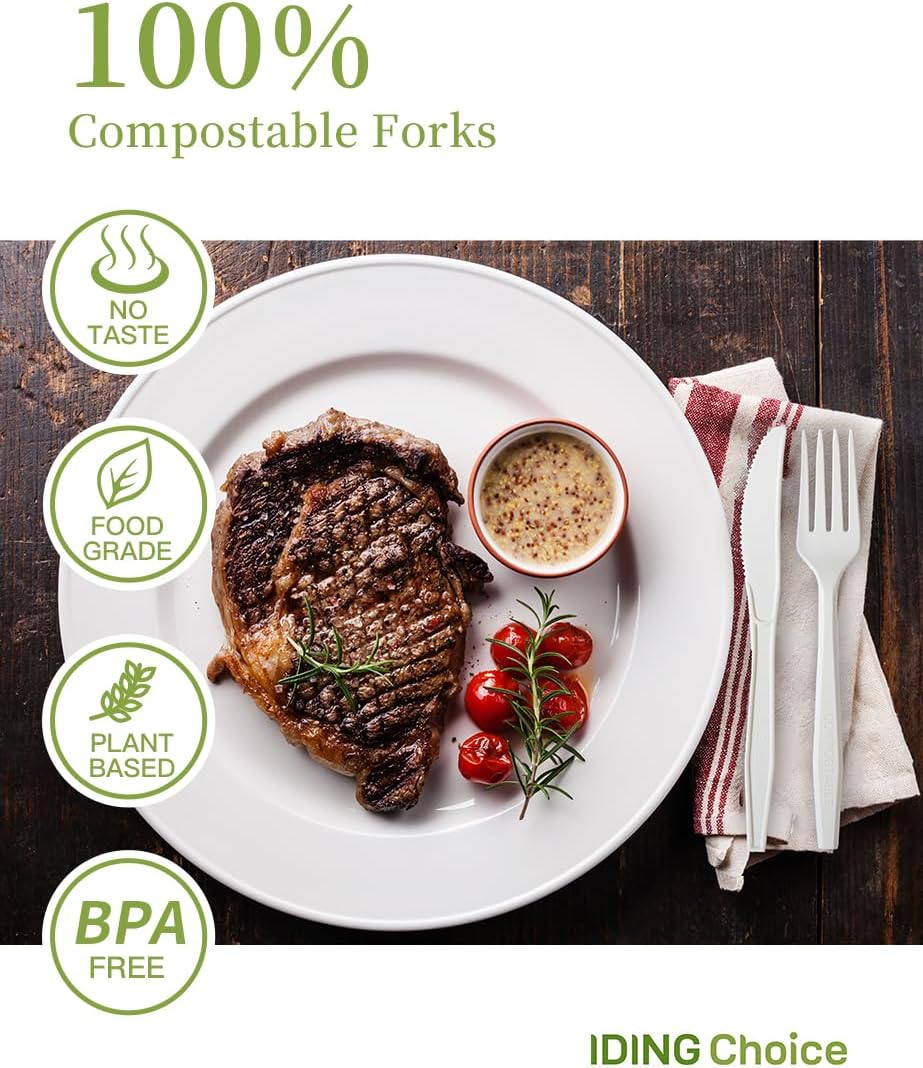 Compostable Forks No Plastic Silverware 200 count disposable cutlery flatware heavy duty party utensils Eco Friendly Heavyweight White Fork for Wedding Office BBQ Picnic Outdoor Event