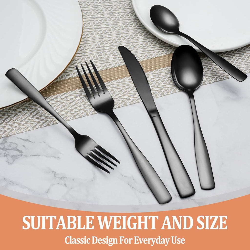 20 Pcs Black Silverware Set  Food-Grade Stainless Steel Flatware Set for 4  Square Cutlery Set  Mirror Polished Tableware Eating Utensils Set for Kitchen  Include Knife Fork Spoon Set Dishwasher Safe