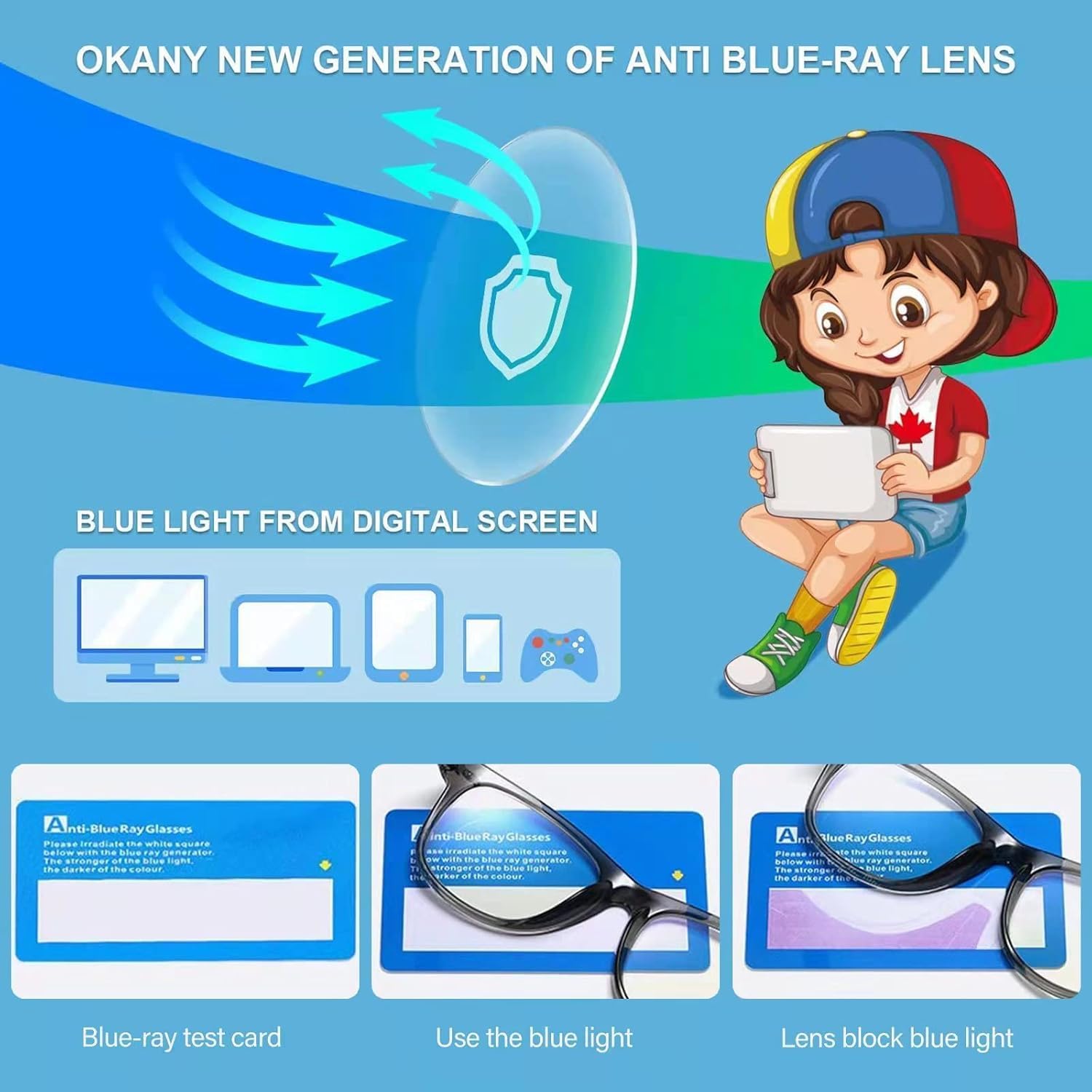 Okany Blue Light Glasses for Kids 3 Pack Blue Light Blocking Glasses for Girls Boys Computer Gaming Screen Glasses  Anti Glare Eyestrain Teen Fashion Glasses Age 3-10 (Grey Black+Transparent+Leopard)